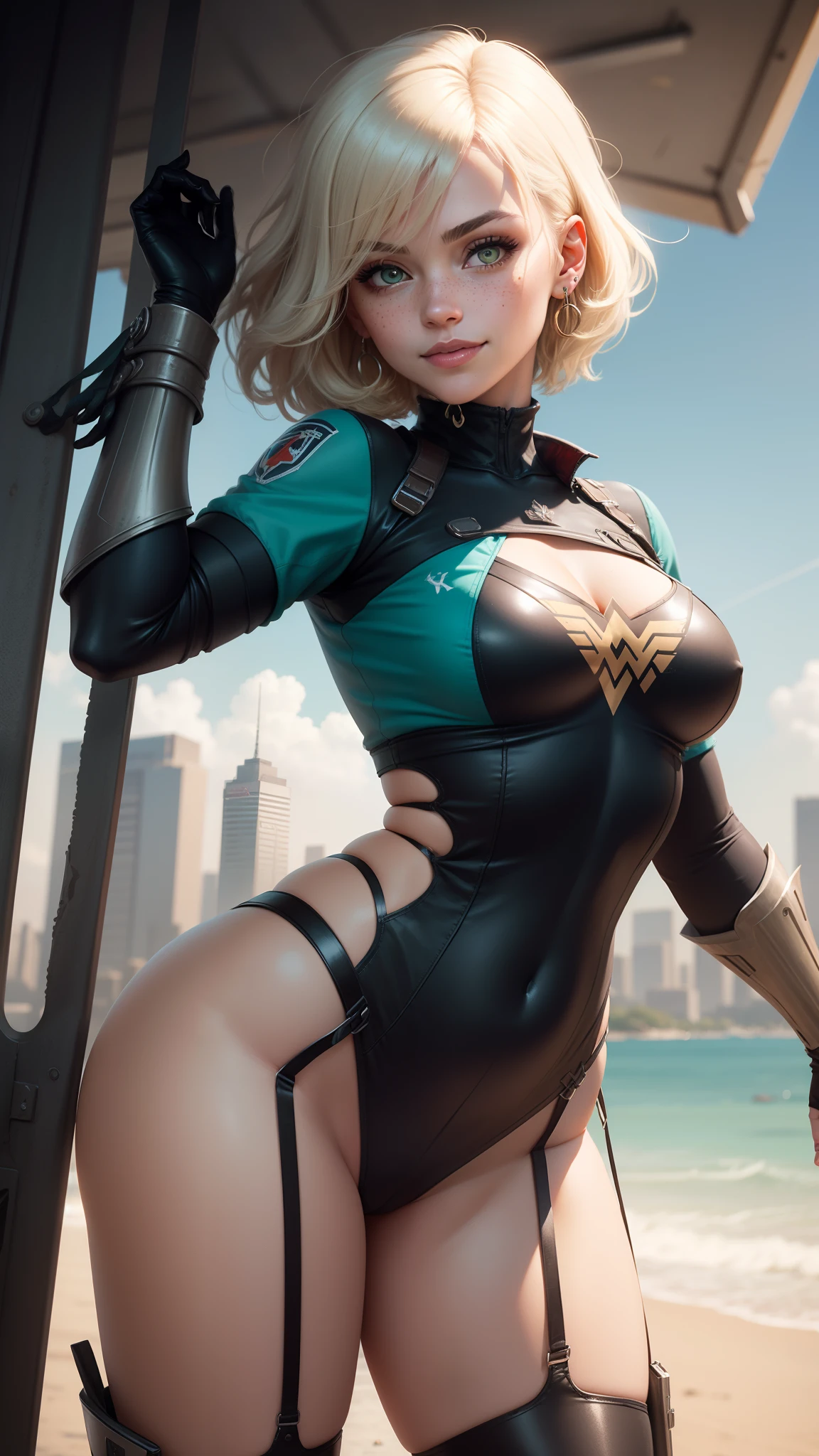 gwen tennyson,y'shtola rhul,yorha 2b, tracer,nier automata,overwatch,close up,mecha pilot,city view,tattoos,blue and red plugsuit,steel short sleeve lycra top,steel lycra micro skirt,steel garter belt,uncovered belly,short hair, cute makeup,green eyes,dimensional blonde hair,shy smile,freckles,beautiful girl,large breasts,8k hd,ultra detailed, realistic,fantasy art,wonder woman,steel armor,New York shore,pilot uniform,ear piercings,hair pin,saiyan girl,super saiyan female,short sleeve pilot jacket,thigh high boots,beautiful water,
