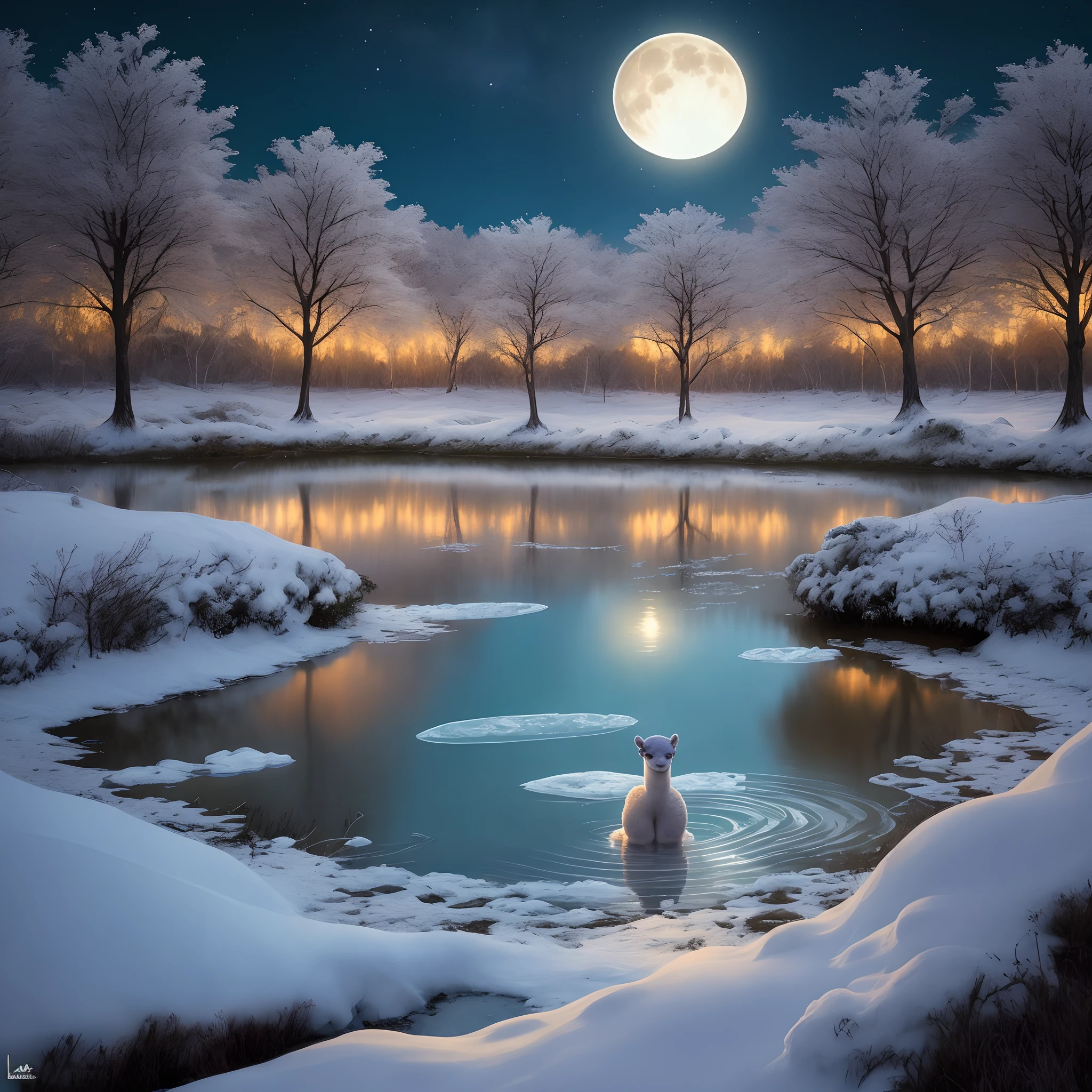 Cria um pequeno lago congelado numa floresta a noite com uma Lua cheia
