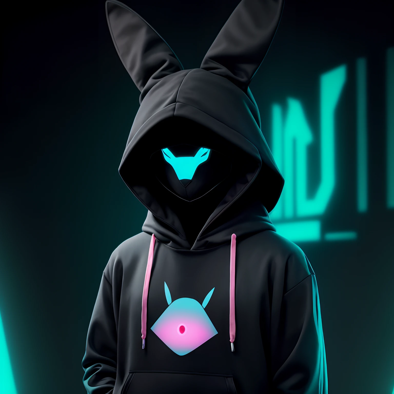 human, black hoodie, cellphone beanie backwards, with a slightly elegant motif in gray and a mixture of pink, hands in jacket pockets, white rabbit mask, sharp gaze (the eyes of the rabbit mask are black (the inside of the human eye is cyan), ink graphics