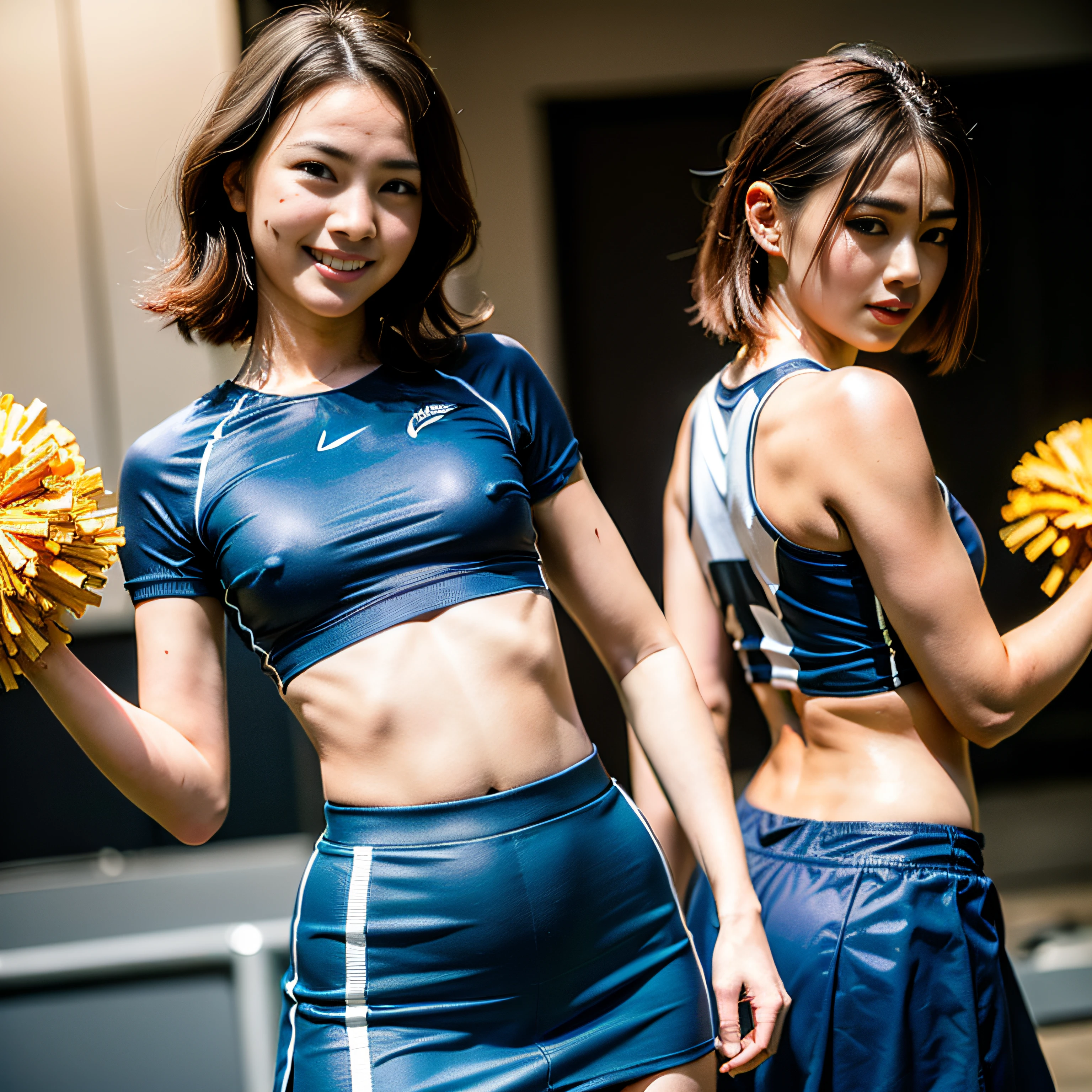 (2girls:1.2), (a detailed full-body RAW photo of a girl), (masutepiece:1.0), (Best quality:1.4), (超A high resolution:1.2), (Photorealistic:1.4), 8K resolution, a Canon EOS R5, 50 millimeters, absurderes, ultra - detailed, (18yr old), Sharp focus, Cinematic lighting, Detailed beautiful face, (no-makeup:1.2), (ulzang-6500-v1.1), Petite figure, Detailed skin texture, Flat chest, (skinny and fit body:1.6), Detailed brown hair, sweltering,(Very short hair:1.5), (Very thin fit blue and white Nike short cheerleading uniforms:1.5), (Tight miniskirt:1.3), (tube top:1.3), (See-through:1.2), realistic glittering skin, (full of sweat:1.3), Detailed texture, (Japanese national team player:1.5), (Flat chest:1.5), (No bra:1.2), (erected :1.3), (The upper body is tilted forward,Turn around and expose your hips:1.5), (From behind), (Carmelto:1.3)(up skirt:1.5), (Sunburn:1.5), (up skirt), (sports gym), (smiling with teeth:1.5), ((Bend your upper body forward)), ((Look back)), ((Show buttocks)), Compared to Bellow, (Oblique toad:1.5)