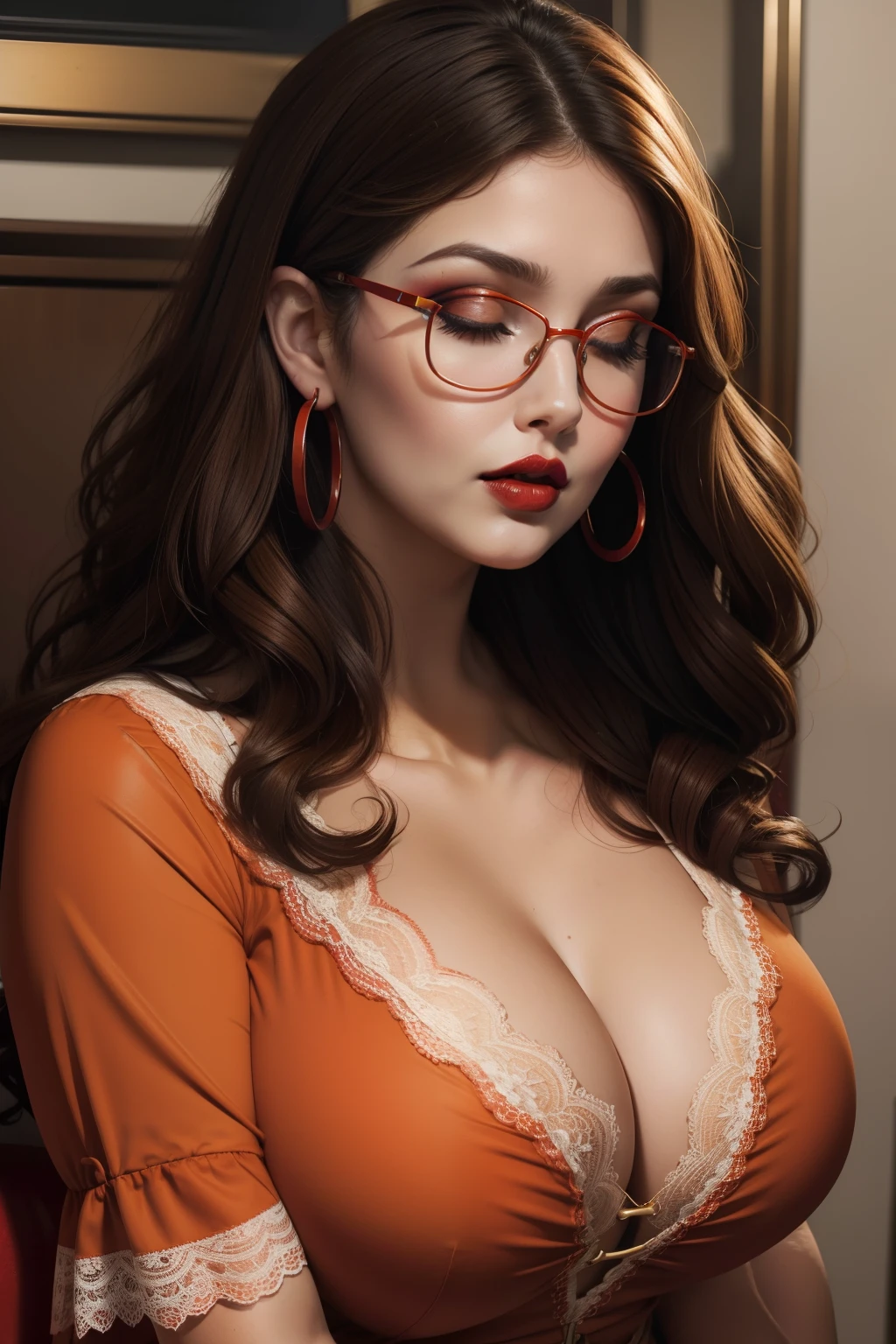 Lucy Pinder, Face portrait, curly hair, brown hair, glasses, (( Red lipstick)), (( very intense makeup)), mouth wide open, eyes closed, Chubby woman, super cleavage, orange blouse, lace blouse, hoop earrings.