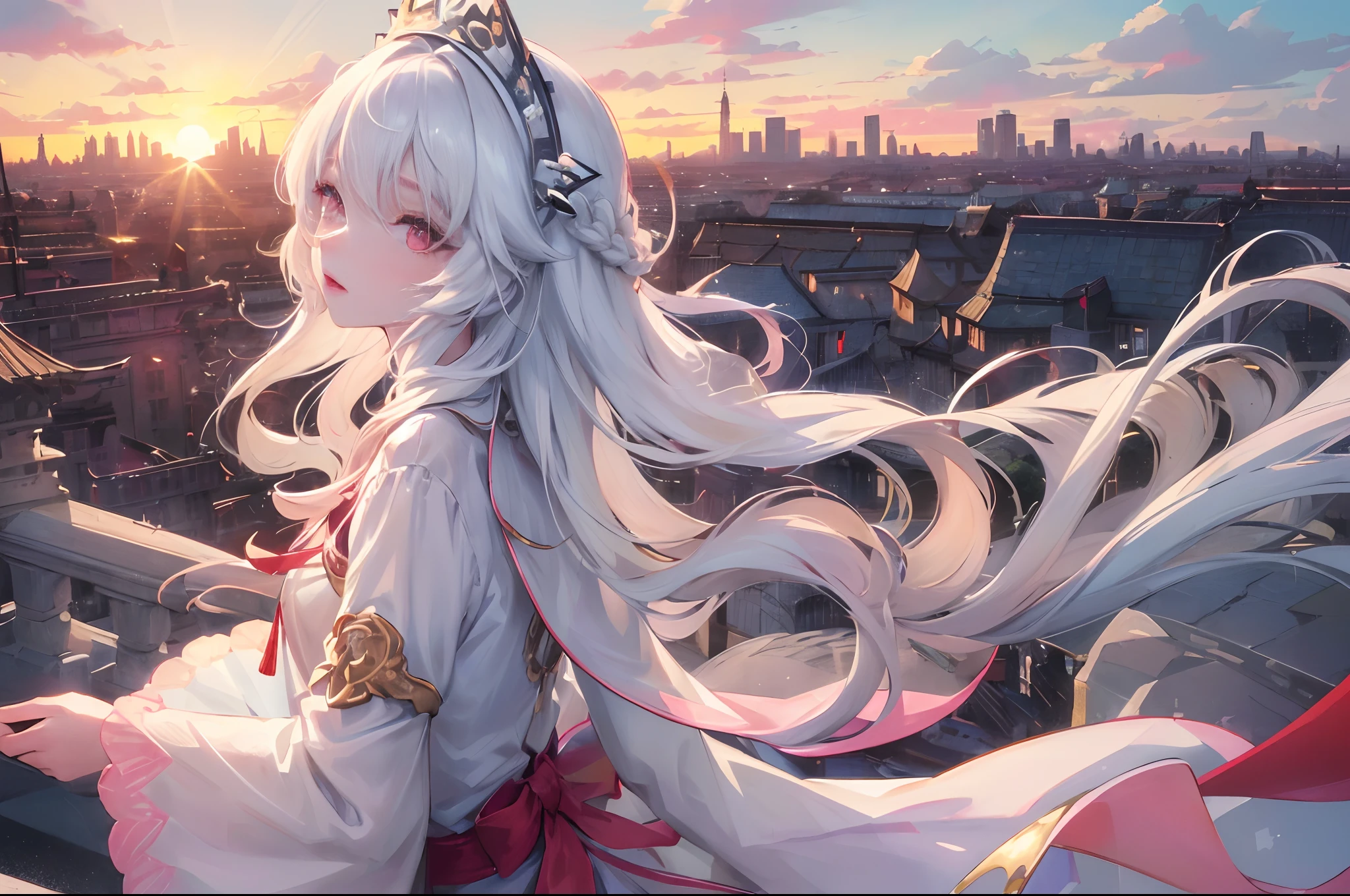 offcial art,tmasterpiece, sharp-focus,(Beautiful gorgeous cute girl:1.3),Poetic makeup,Delicate and beautiful hair and eyes and face,Ultra detailed, cute female child, Sky at sunset, Luminous white particles, (side-lighting:1.2), sun light, White cloud, Detailed clouds, Slender, Vivid expressions,(Cityscape:1.7),Ancient architecture in Chinese style，Dynamic hair texture,long whitr hair,Delicate white hair,Beautiful red eyes, Blue-cyan pleated shirt ，JK skirt，Pink skin, Chinese hair accessories, epic landscapes，Single horsetail，Smart eyes，Side view lens。The past meets the future。
