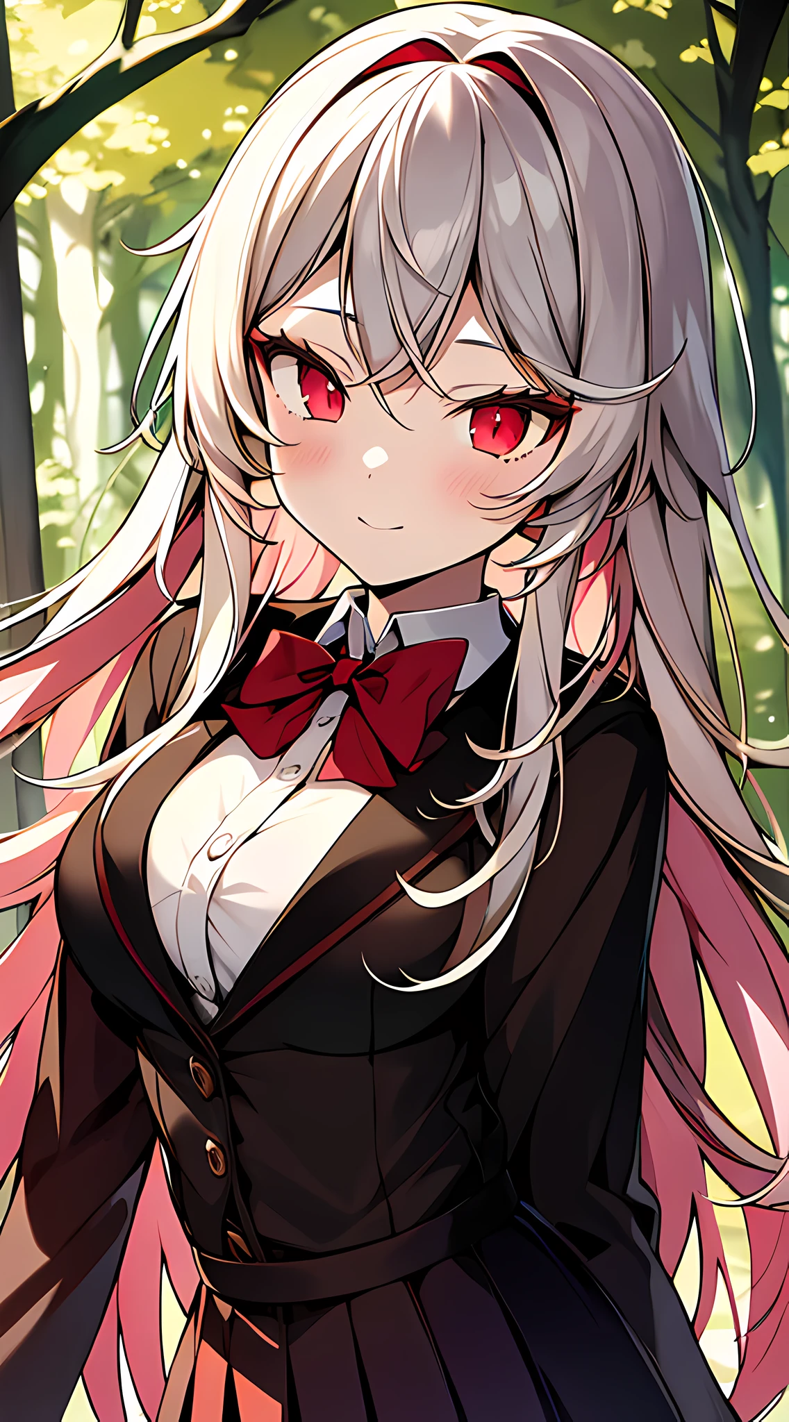 eirudy_\(springwitch3\), masterpiece,1girl,red ruby eyes, school uniform, forest,absurdres, high res, ultrasharp, 8K, masterpiece, looking at viewer