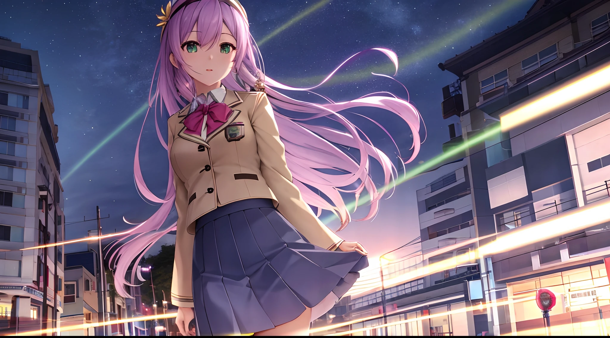 Athena with plain long light purple hair,hair between eyes,green eyes,rosy cheeks,full lips,thin eyebrows,slender body,wearing school coat and full long skirt,praying beads on neck,cute anime girl,full body,greek Acropolis street in background,anime style,Lumen Reflections,Screen Space Reflections,Diffraction Grading,Chromatic Aberration,GB Displacement,Scan Lines,Ray Traced,Anti-Aliasing,FXAA,TXAA,RTX,SSAO,Shaders,OpenGL-Shaders, GLSL-Shaders,Post Processing,Post-Production,cell Shading,Tone Mapping,CGI,VFX,SFX,insanely detailed and intricate, 4K,standing, solo, masterpiece, best quality, detailed face, detailed eyes, highres, standing, solo,masterpiece, best quality