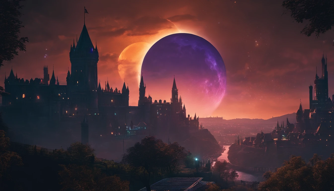 8k, fantasy, retro, dark future, moonlit night, cyberpunk, solarpunk, a city illuminated by many lights, in the background a huge castle eclipsing the night sky, high towers, gloomy atmosphere, retro, art style of the 90s