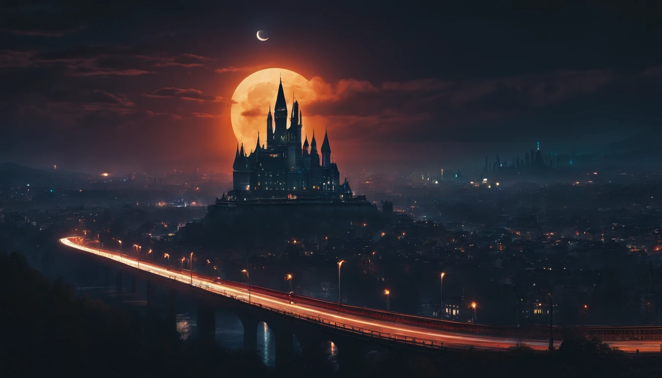 8k, fantasy, retro, dark future, moonlit night, cyberpunk, solarpunk, a city illuminated by many lights, in the background a huge castle eclipsing the night sky, high towers, gloomy atmosphere, retro, art style of the 90s