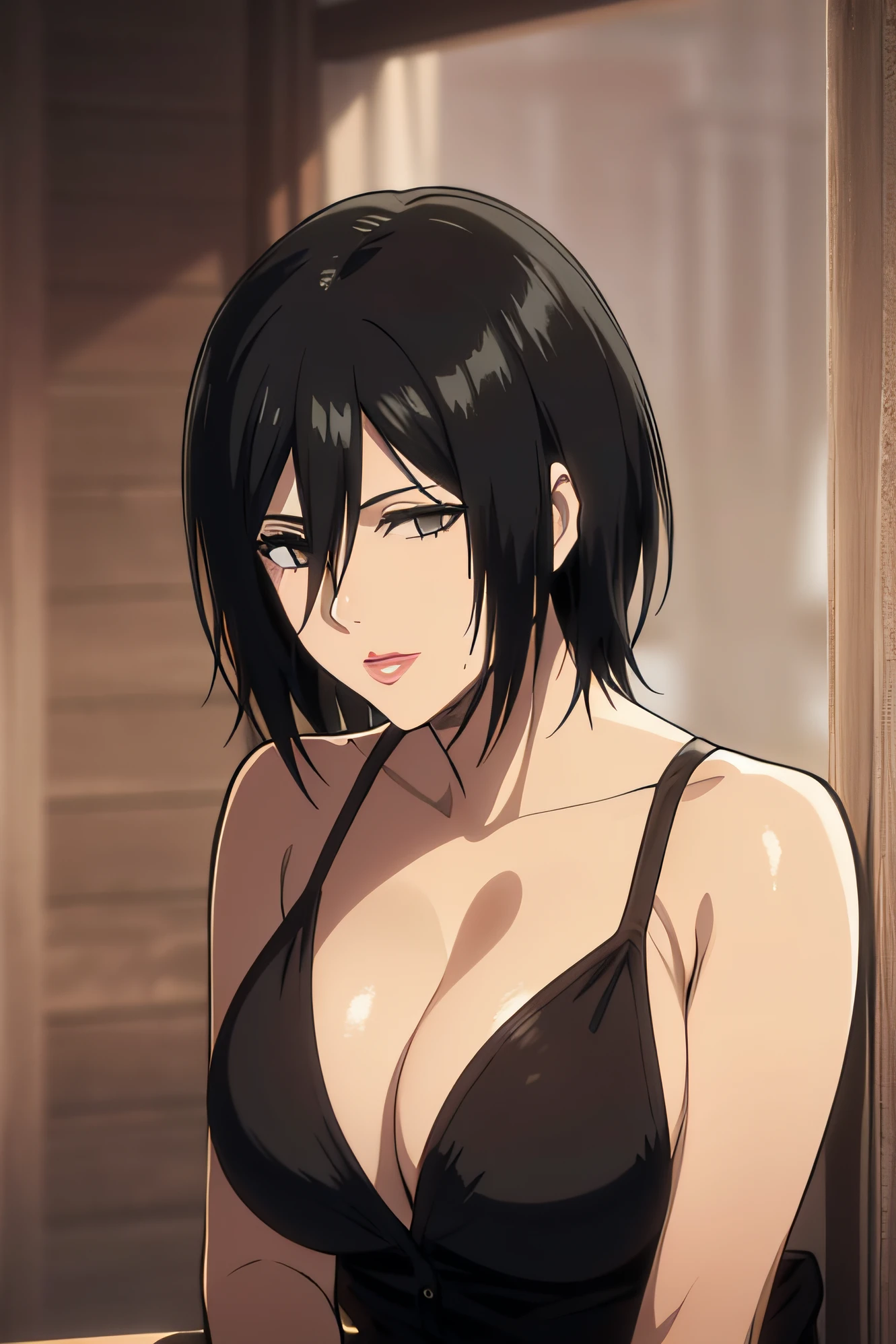 1girl, mikasa ackerman, (black hair:1.3), hair between eyes, short hair, sideburns, gray eyes, lips, cleavage, big breasts, close up, solo, lips, masterpiece, best quality,