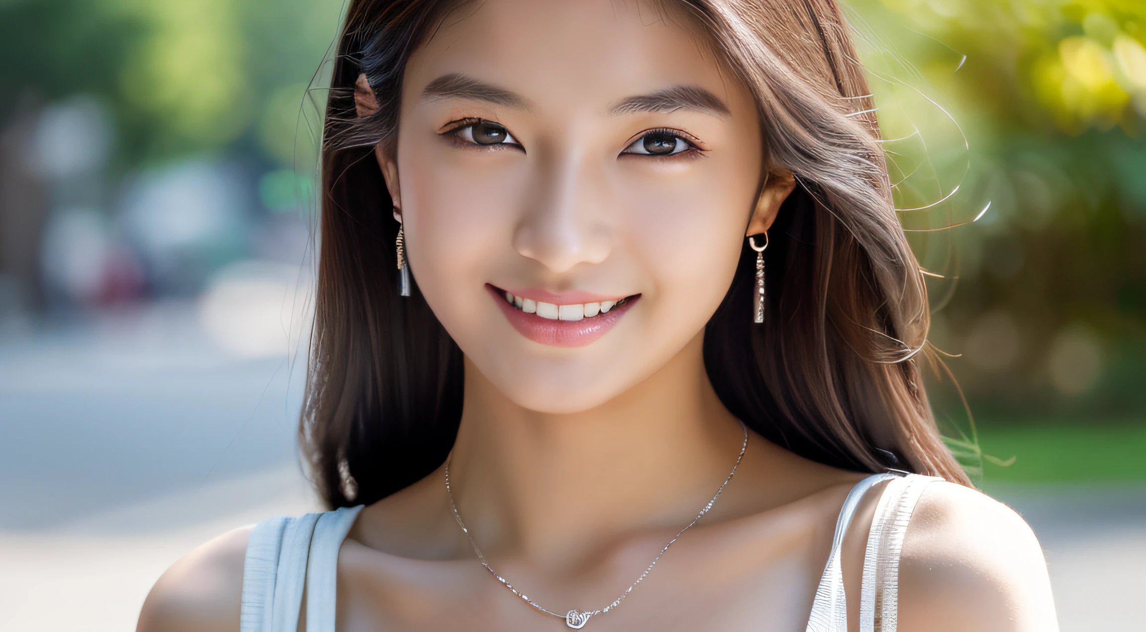 (8K, top-quality, masterpiece:1.3, 超A high resolution, A hyper-realistic), High Detail, (Face like the real thing), Photorealsitic, Raw foto, ((one beautiful women)), 22year old, Detailed face, beautidful eyes, realisticeyes, Eyes in Beautiful Details, (real looking skin), Beautiful skins, enticing, depth of fields, hight resolution, High pixel count, clear details, sharp photo, Natural color reproduction, Noise Reduction, High fidelity, quality, Software Updates, Optimized algorithms, the city street, suits, doress, opened white shirt, perfect bodies, face perfect, perfect chest, small tits, Faint lips, wetting hair, (See the viewer's eyes), a smile, Beautiful skins, enticing, the golden ratio, (Detal Face:1.2), japanes,japanaese girl, Small necklace, small earring, Thin Silver Necklace, Thin silver earrings, simple background, The whole picture, The whole body is shown in the slightly pulled image, Full body photo