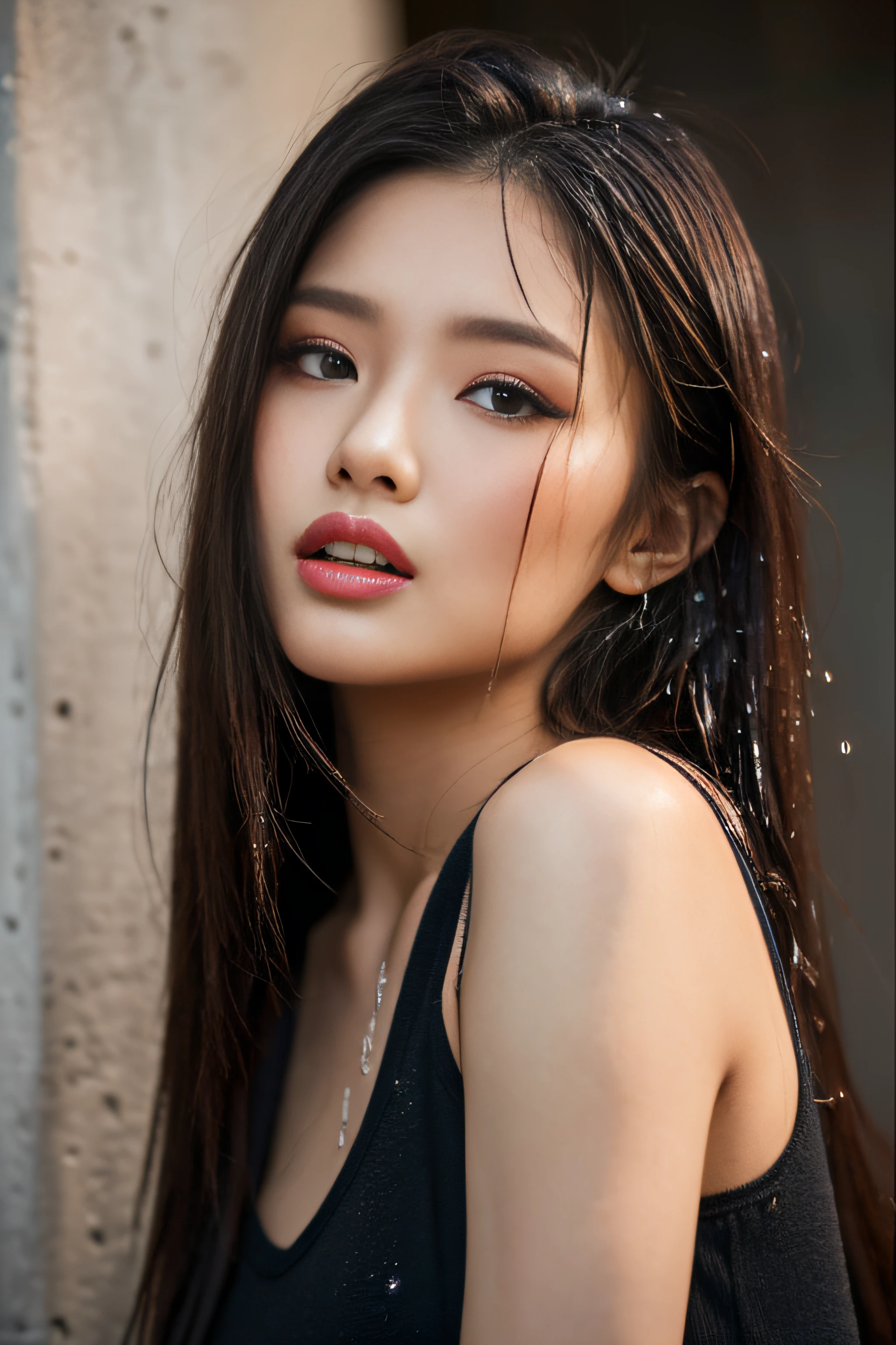 1womanl、(Super beautiful)、(beauitful face:1.5)、(Moaning at climax:1.3)、(a wet body:1.3)、japanes、25-year-old model、(sleeveless clothes)、makeup、lip stick、eye line、mascara、eyeshadows、Brown hair、(studio shoot:1.1)