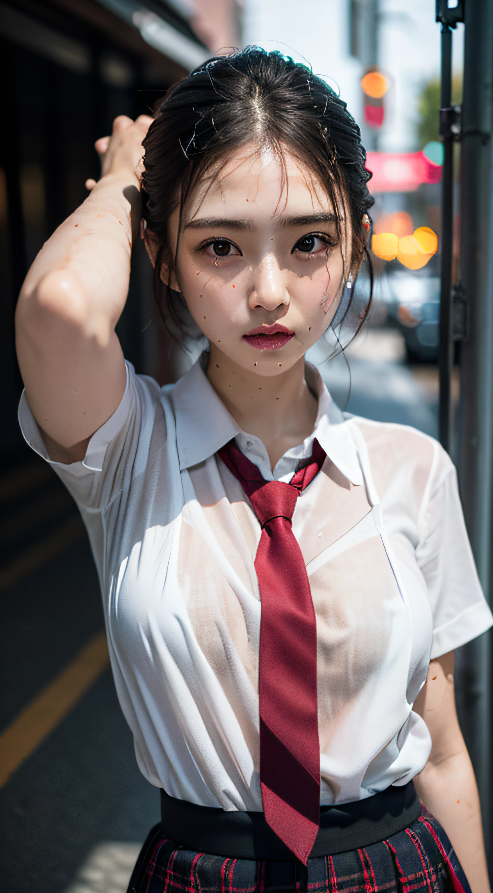 violaceaess, gardeniass, rosaceaess, (Masterpiece, Best quality:1.4), Delicate girl, Beautiful short hair, Close up, school uniform, White dress shirt, short- sleeved, dark grey pleated plaid skirt, 8K, 50mm portrait, RAW photo, absurderes, breasts focus, Large breasts, Thin arms, Very thin waist, arching back, No makeup, worried, Sophisticated, facelight, clear lighting, filmgrain, color difference, (dark red necktie:1.2), (Wet shirt:1.3), street, Bokeh, (Simple background:1.2)