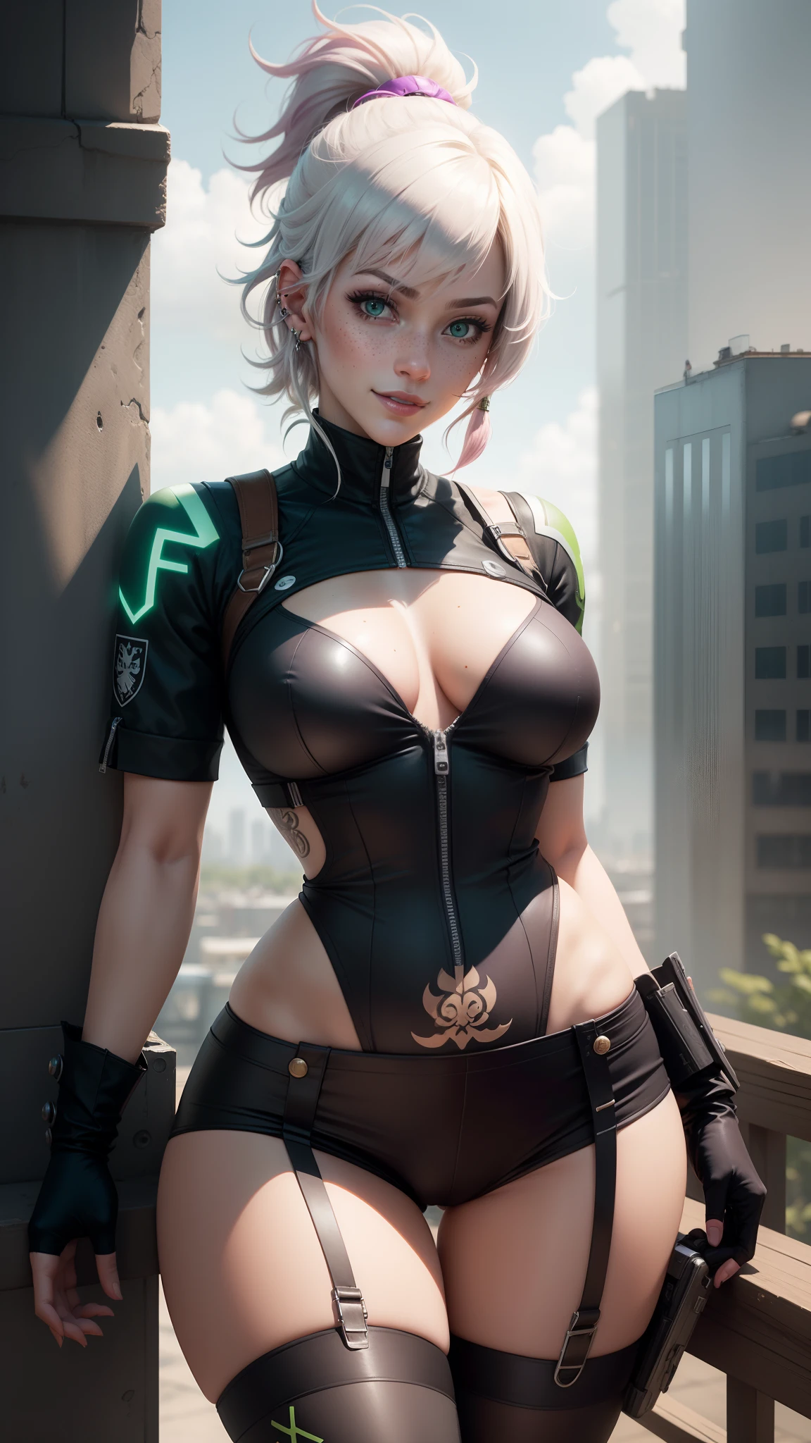 gwen tennyson,y'shtola rhul,yorha 2b, tracer,nier automata,overwatch,close up,mecha pilot,city view,tattoos,purple and pink plugsuit,steel short sleeve lycra top,steel lycra micro shorts,steel garter belt,uncovered belly,short hair, cute makeup,green eyes,dimensional blonde hair,shy smile,freckles,beautiful girl,large breasts,8k hd,ultra detailed, realistic,fantasy art,psylocke,x-men,steel armor,New York shore,pilot uniform,ear piercings,hair pin,saiyan girl,super saiyan female,short sleeve pilot jacket,thigh high boots,beautiful water,