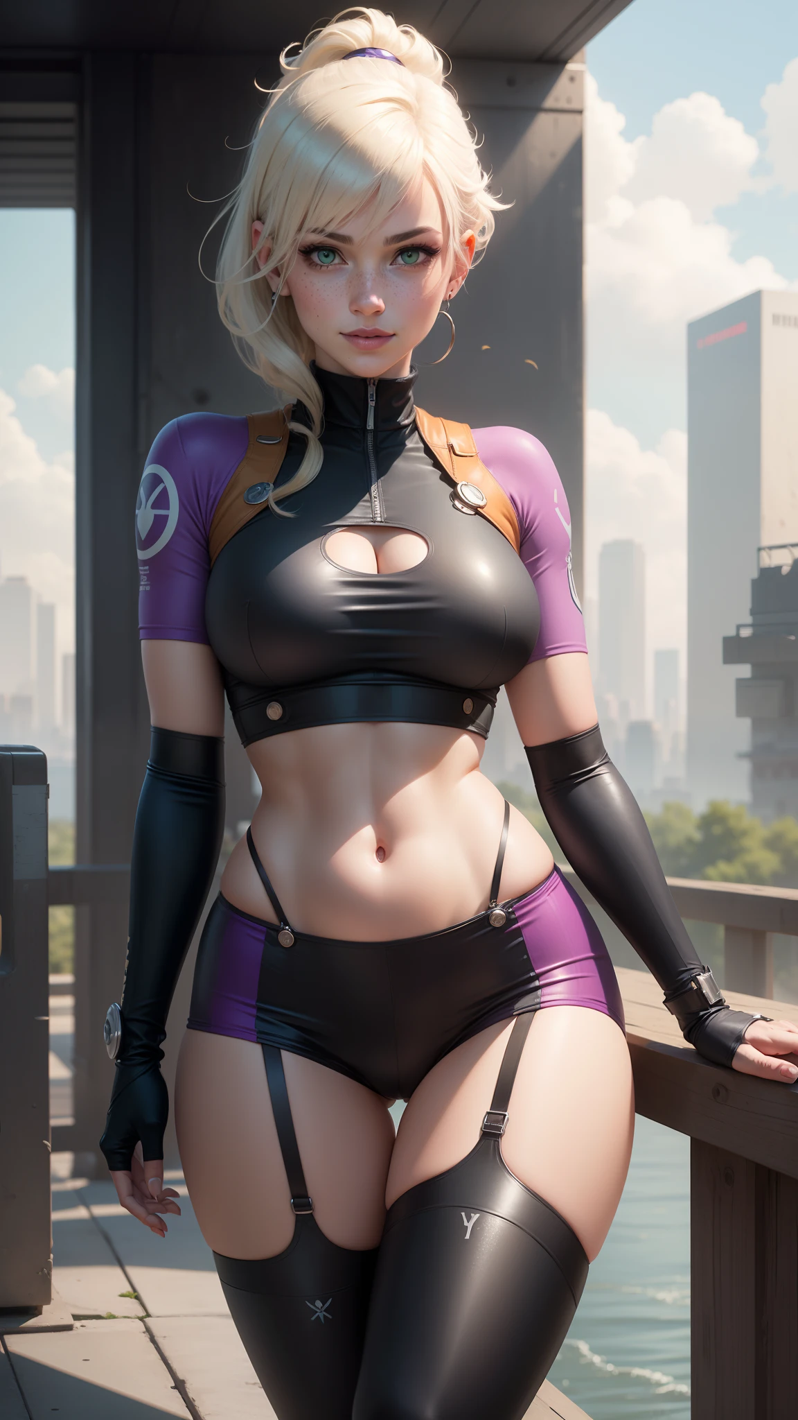 gwen tennyson,y'shtola rhul,yorha 2b, tracer,nier automata,overwatch,close up,mecha pilot,city view,tattoos,purple and pink plugsuit,steel short sleeve lycra top,steel lycra micro shorts,steel garter belt,uncovered belly,short hair, cute makeup,green eyes,dimensional blonde hair,shy smile,freckles,beautiful girl,large breasts,8k hd,ultra detailed, realistic,fantasy art,psylocke,x-men,steel armor,New York shore,pilot uniform,ear piercings,hair pin,saiyan girl,super saiyan female,short sleeve pilot jacket,thigh high boots,beautiful water,