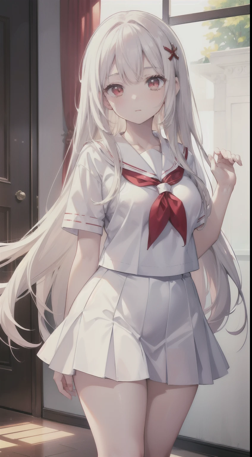 (((masterpiece))), best quality, illustration, (()), light white long hair, beautiful detailed red eyes, ((white serafuku)), short sleeve, (((cute))), ((cute face)), solo focus, standing, happy, medium breasts, thick legs, thick thighs, young woman's face