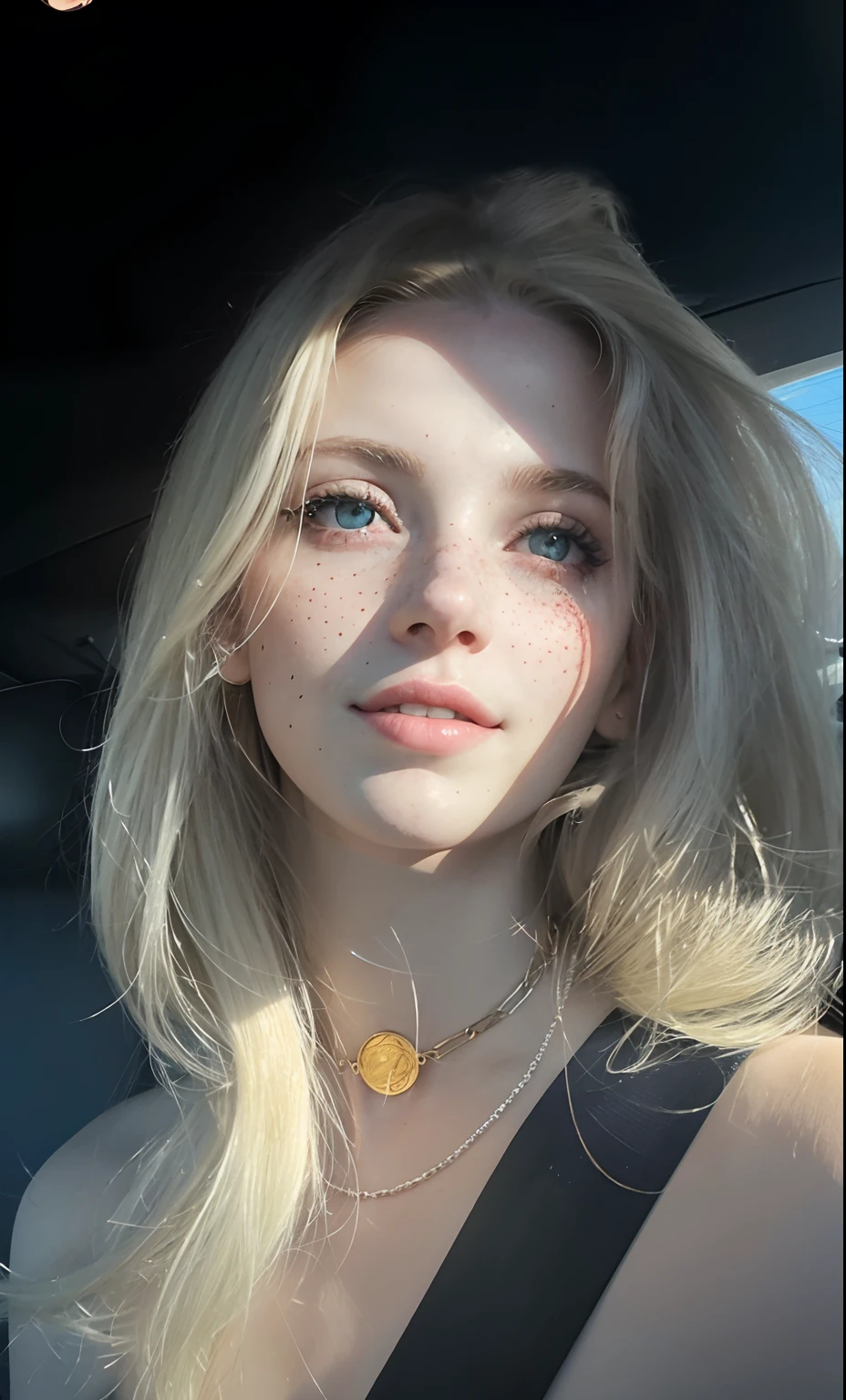 Rosto de uma mulher, americana, 25 anos, pale skin and freckles, olhos cinzas, nariz delicado, soft and delicate lips, cabelo blondie cinza longo e ondulados, sorriso meigo