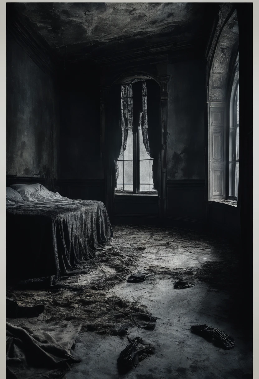 ((creepy dark bedroom, with low lit bed with white sheets and high mattresses)), wet walls, leaking walls, broken windows, broken furniture,