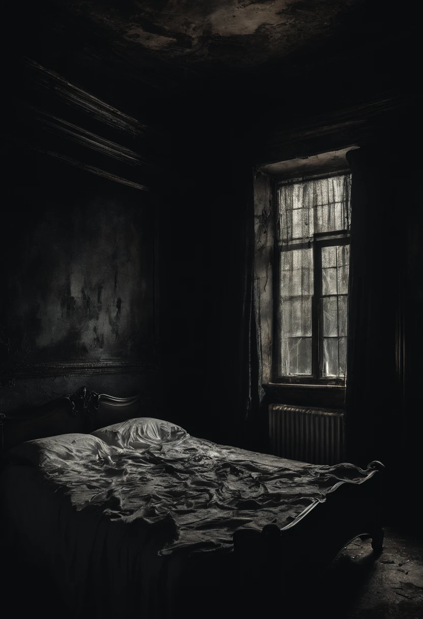 ((creepy dark bedroom, with low lit bed with white sheets and high mattresses)), wet walls, leaking walls, broken windows, broken furniture,