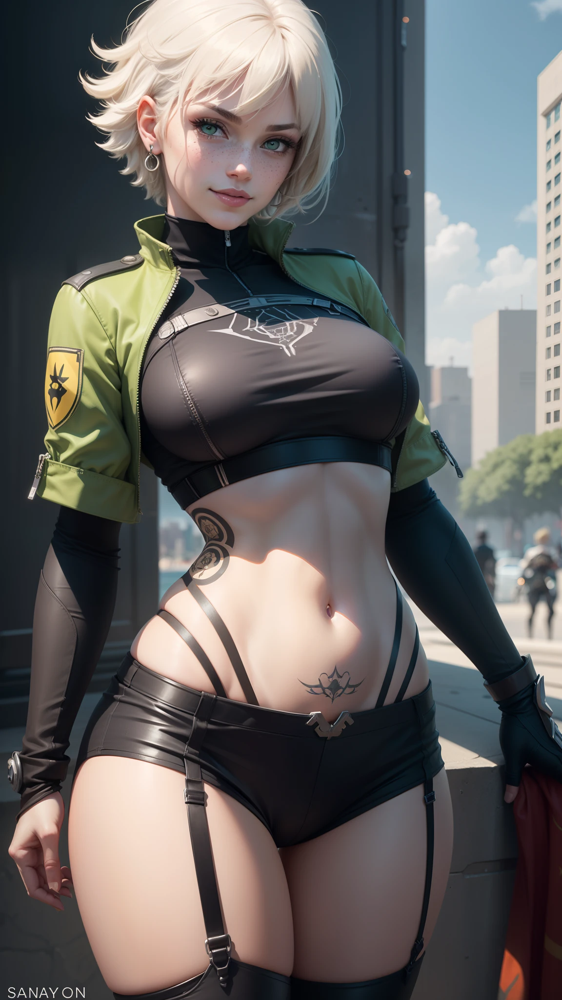 gwen tennyson,y'shtola rhul,yorha 2b, tracer,nier automata,overwatch,close up,mecha pilot,city view,tattoos,green and yellow plugsuit,steel short sleeve lycra top,steel lycra micro shorts,steel garter belt,uncovered belly,short hair, cute makeup,green eyes,dimensional blonde hair,shy smile,freckles,beautiful girl,large breasts,8k hd,ultra detailed, realistic,fantasy art,rogue,x-men,steel armor,New York shore,pilot uniform,ear piercings,hair pin,saiyan girl,super saiyan female,short sleeve pilot jacket,thigh high boots,beautiful water,