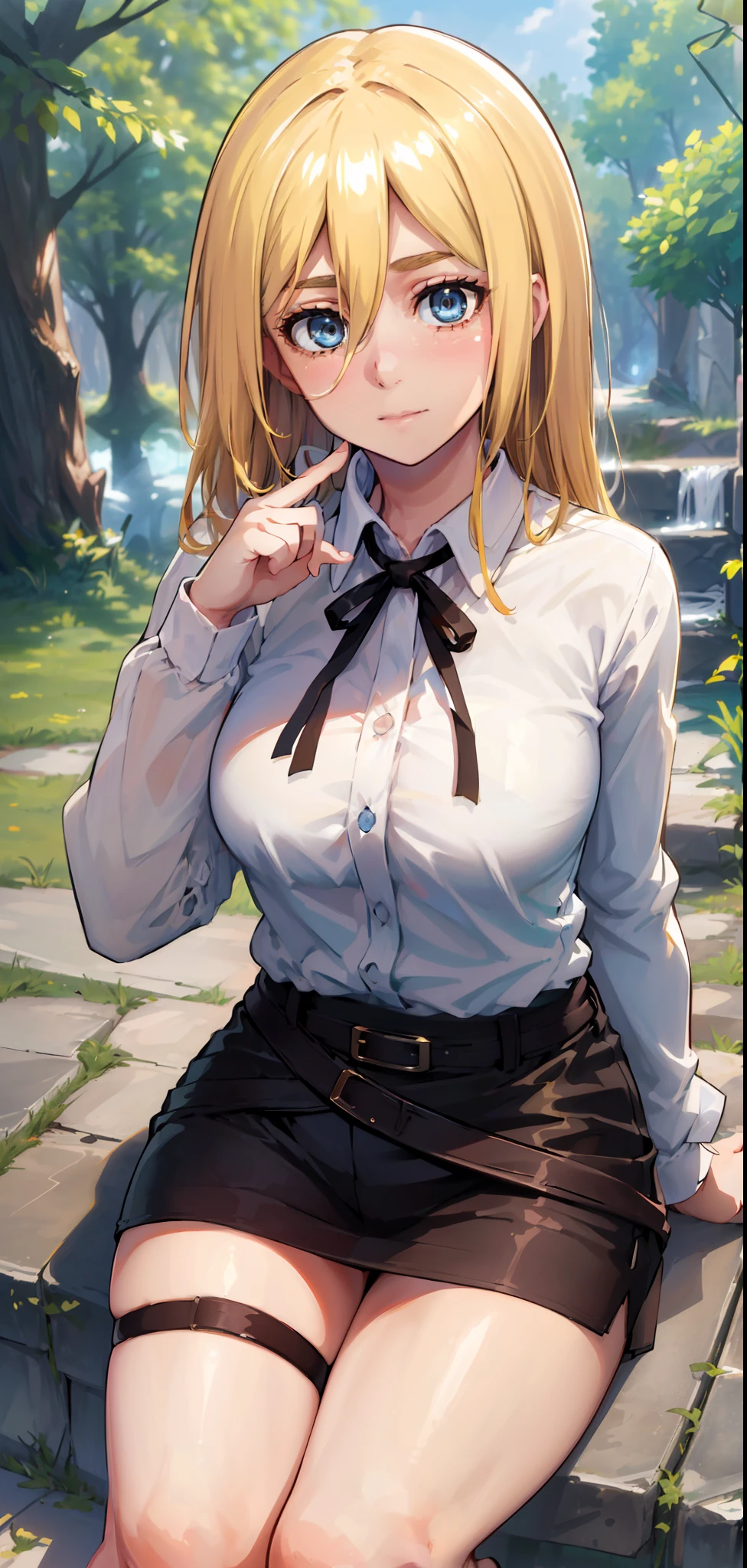 (day:1.7), Forest background,
sitting on the floor,long sleeves,belt, Black_pencil_skirt,
thigh strap, thighs,
blonde hair,blue eyes,bangs, Long_hair,(hair between eyes:1.3),
1 girl, 20yo,mature female,Beautiful Finger,Beautiful long legs,Beautiful body,Beautiful Nose,Beautiful character design, perfect eyes, perfect face,
looking at viewer, in the center of the image,focus on face,
NSFW,official art,extremely detailed CG unity 8k wallpaper, perfect lighting,Colorful, Bright_Front_face_Lighting,
(masterpiece:1.0),(best_quality:1.0), ultra high res,4K,ultra-detailed,
photography, 8K, HDR, highres, absurdres:1.2, Kodak portra 400, film grain, blurry background, bokeh:1.2, lens flare, (vibrant_color:1.2)
(Beautiful,Large_Breasts:1.2), (beautiful_face:1.5),(narrow_waist),