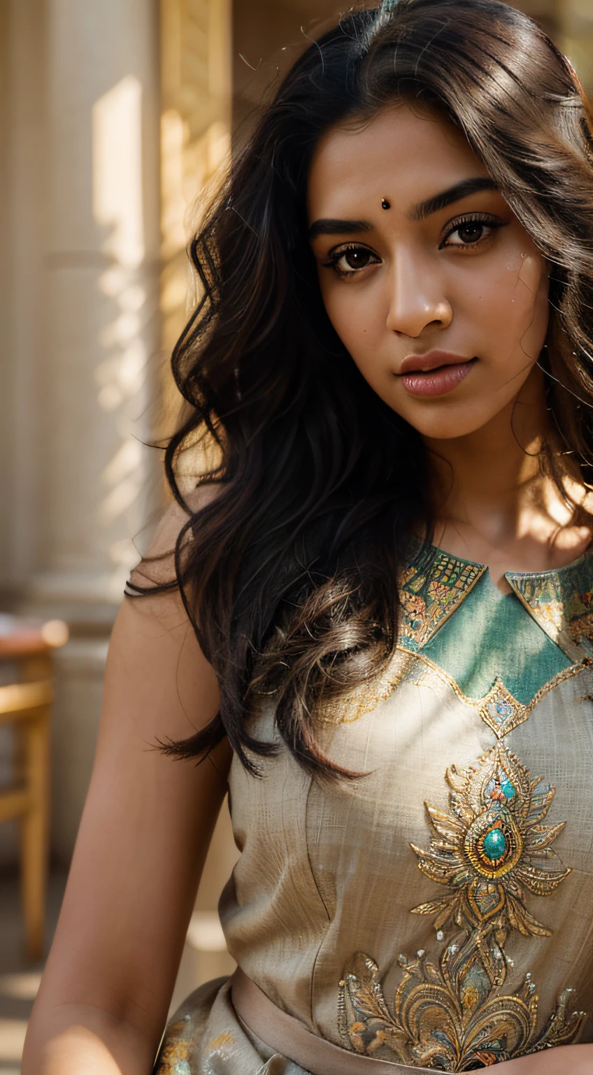 ultra-realistic photographs,Indian Instagram female model,mid 20s,9:16,mid-shot,beautiful detailed eyes,detailed lips,longeyelashes,black curly hair,naturally full eyebrows,perfectly formed nose,expressive face,attractive appearance,confident and elegant posture,graceful movement,vibrant and colorful dress,rich and intricate embroidery,temple background,serene and spiritual atmosphere,stunning architecture,divine sculptures,soft and natural lighting,vivid colors,photorealistic,HDR,highres,studio lighting,ultra-detailed,bokeh