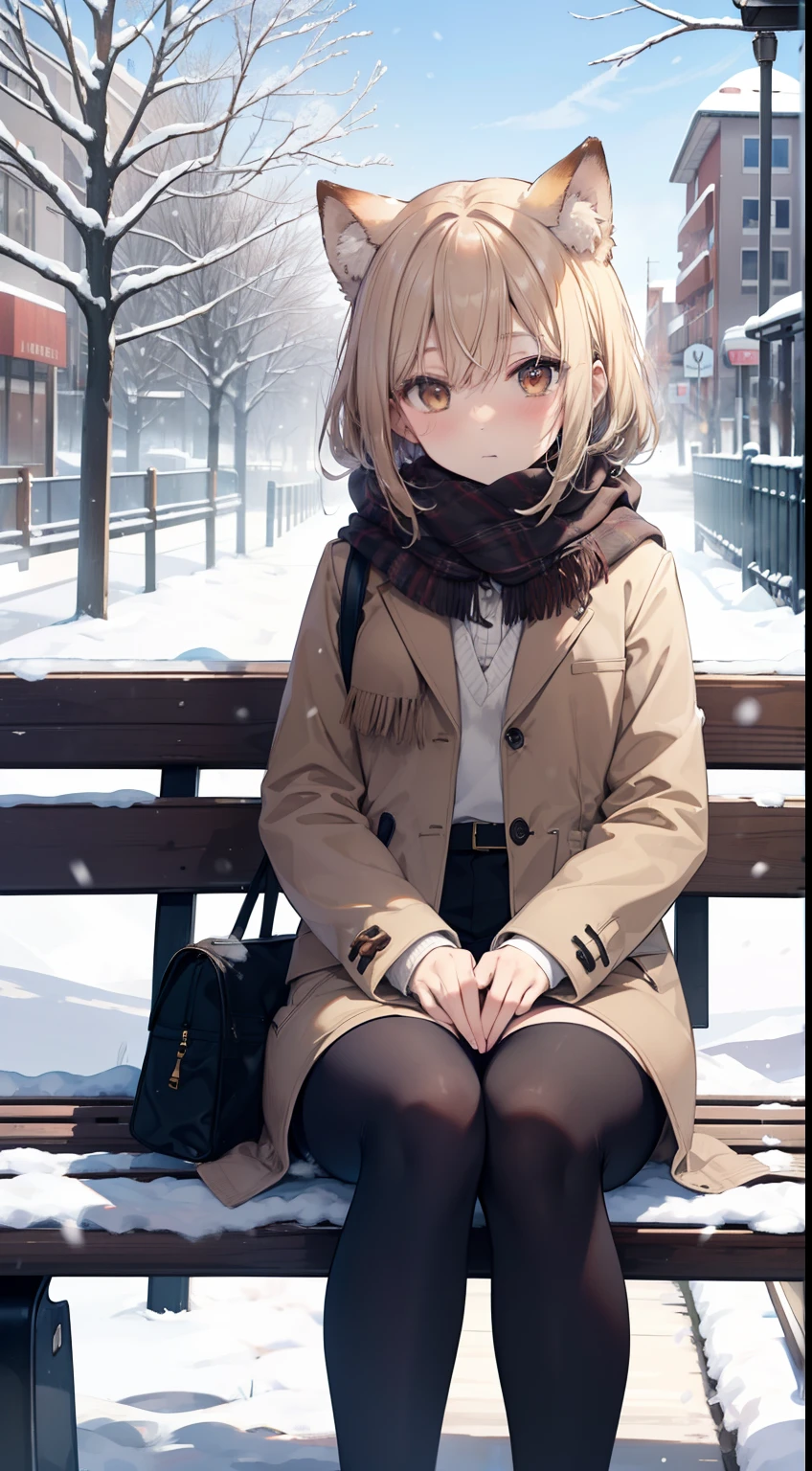 (master piece),(best quality), Yuki, brown fur, scarf, leg, Knee thick thighs, blank eyes, expressionless face, park, bus stop, snow, Snowing, tree, Nature, sitting on bench from the bus stop