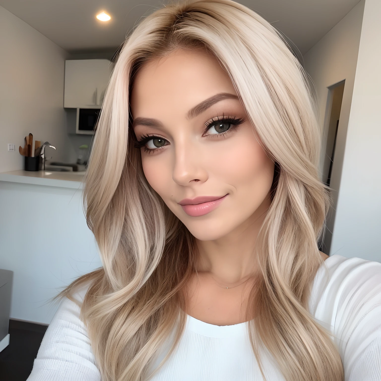 Mulher de cabelos castanhos e olhos castanhos, cabelo longo e fazendo uma selfie