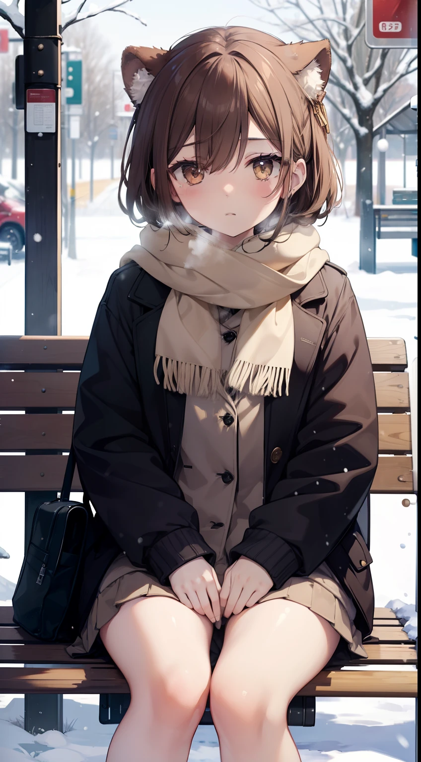 (master piece),(best quality), Yuki, brown fur, scarf, leg, Knee thick thighs, blank eyes, expressionless face, park, bus stop, snow, Snowing, tree, Nature, sitting on bench from the bus stop