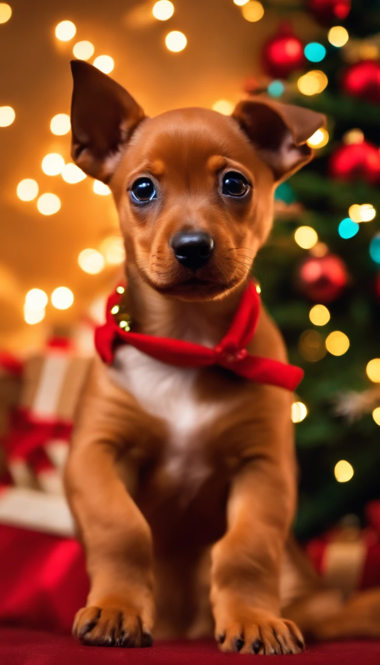 Caramel puppy of the breed of the pinscher breed 8 months with the Christmas theme