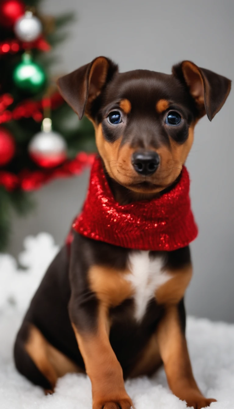 Caramel puppy of the breed of the pinscher breed 8 months with the Christmas theme