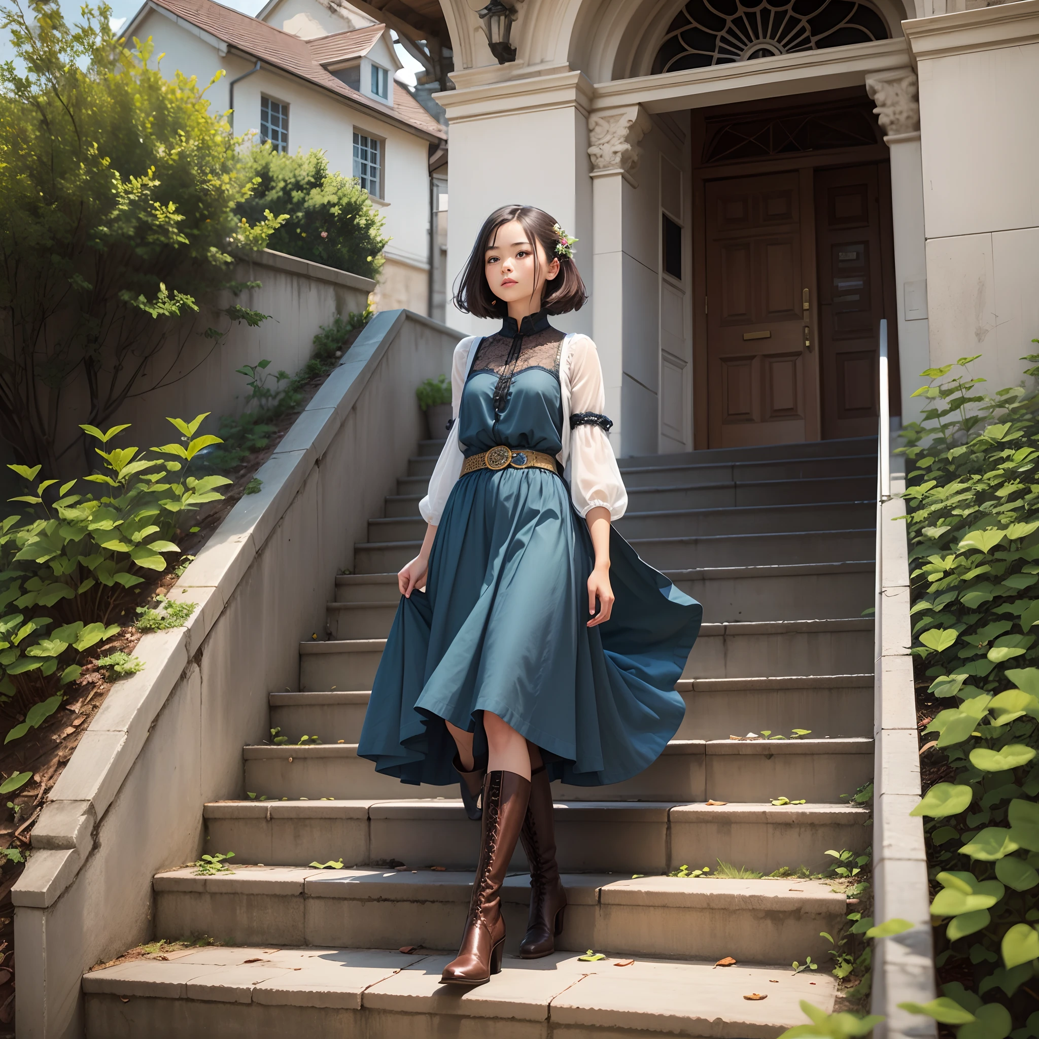 a girl with long dress and boots, walking on the stairs, talikng with her friend elegantly. --auto --s2