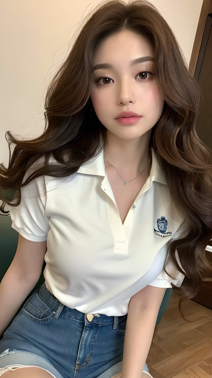 ((best qualtiy, 8K, tmasterpiece:1.3)), Focus:1.2, perfect figure beautiful woman:1.4, Cocked buttocks:1.2, ((Random Long Thick Diva Hairstyle) ((Brown Wavy Hair In Big Curls))(Long white legs:1.3,(Polo shirt With Jean Shorts:1.2) , (inside in room: 1.2), Highly detailed facial and skin texture, A detailed eye, 二重まぶた,Whiten skin,(Straight big breasts:1.3), looking at camera, Wear a necklace,