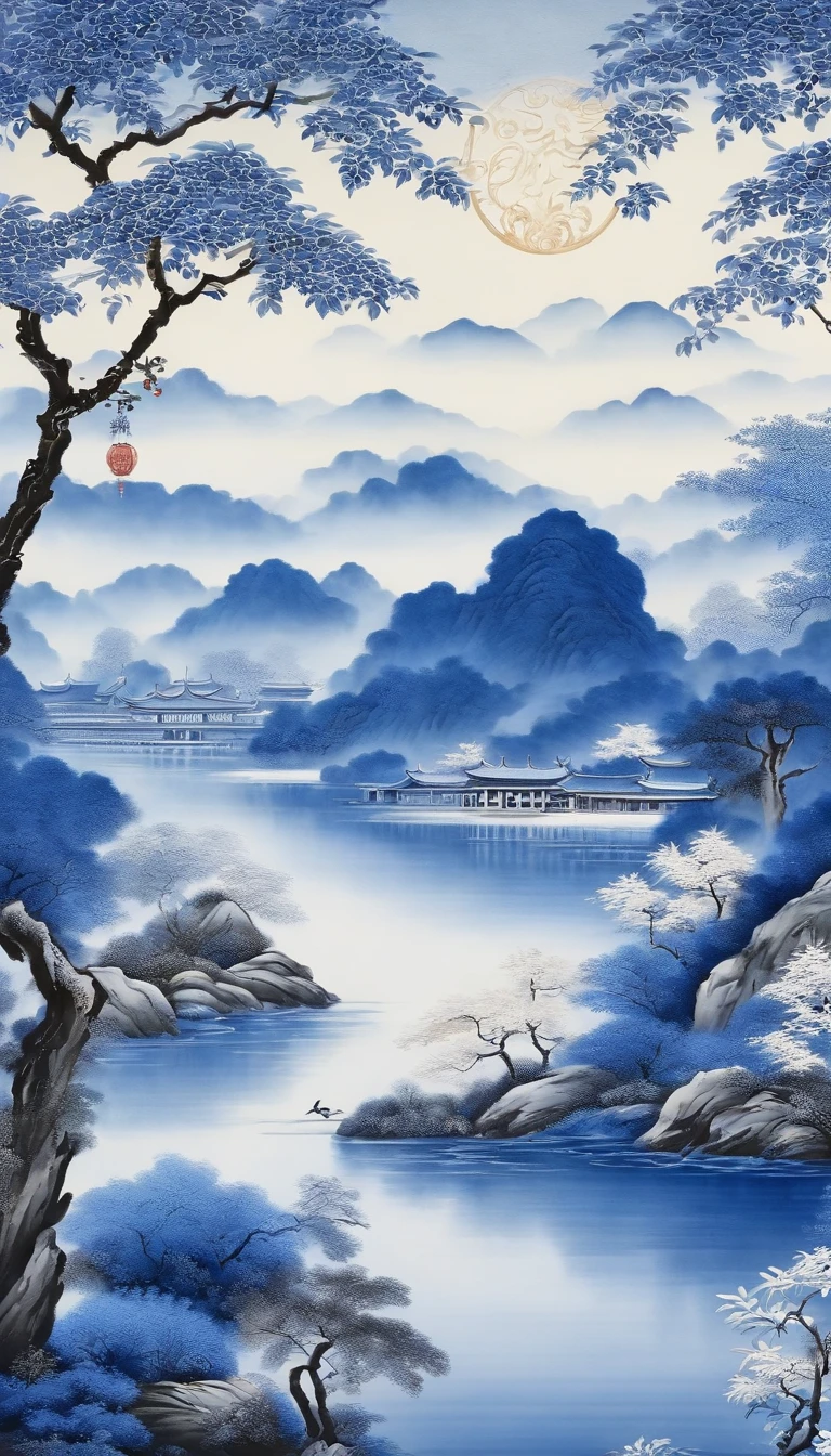 Traditional Chinese patterns，Blue and white porcelain，landscape painting，Poster level