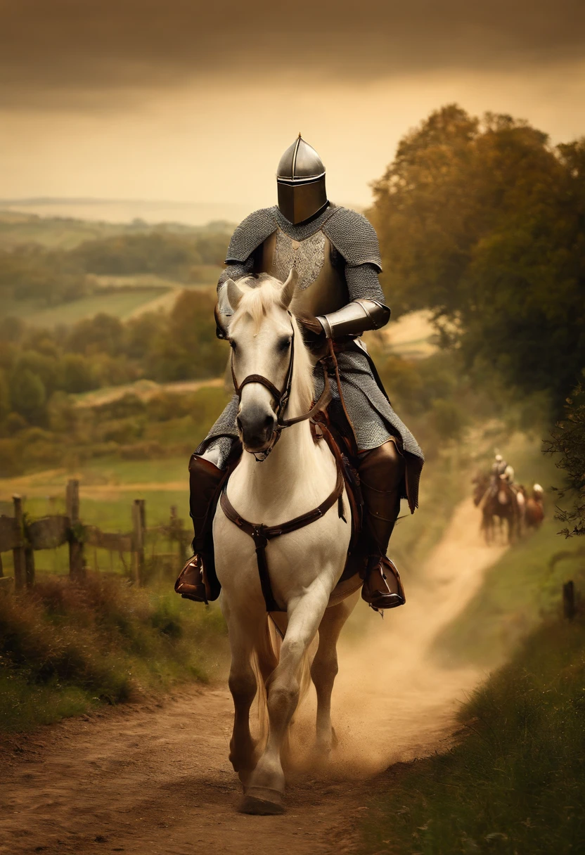 Masterpiece, best quality, medieval knight, armor, riding horse, medieval road, medieval farms,