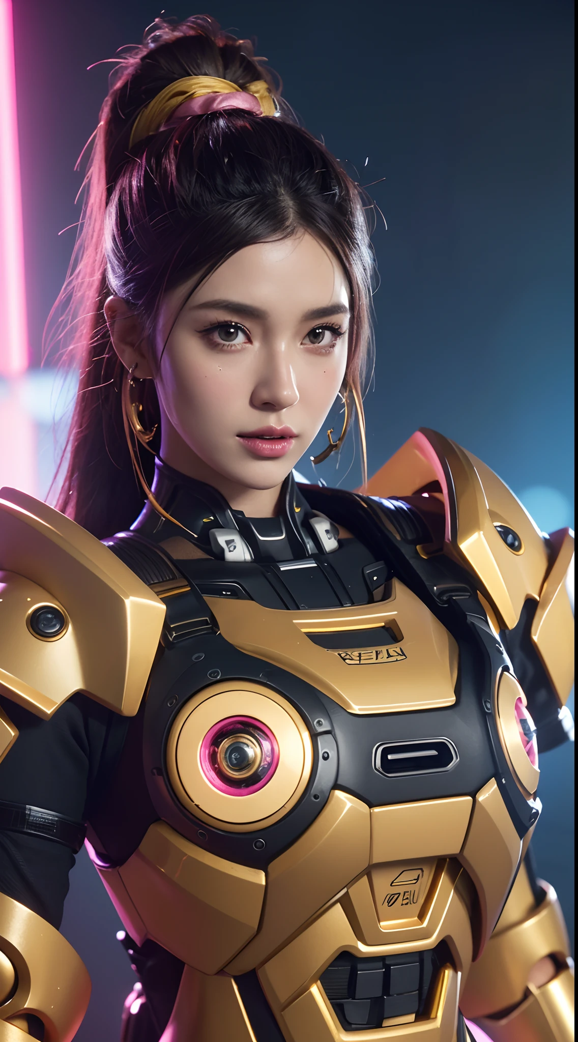 Close-up of robot in pink and gold costume, colorful vivid octane render, cybernetic and highly detailed, loba andrade from apex legends, created in unreal engine 5, made in unreal engine 5, trending on unreal engine 5, anfas portrait of a mech warrior, fantasy style 8 k octane render, rendered in unreal 5, rendered in high octane