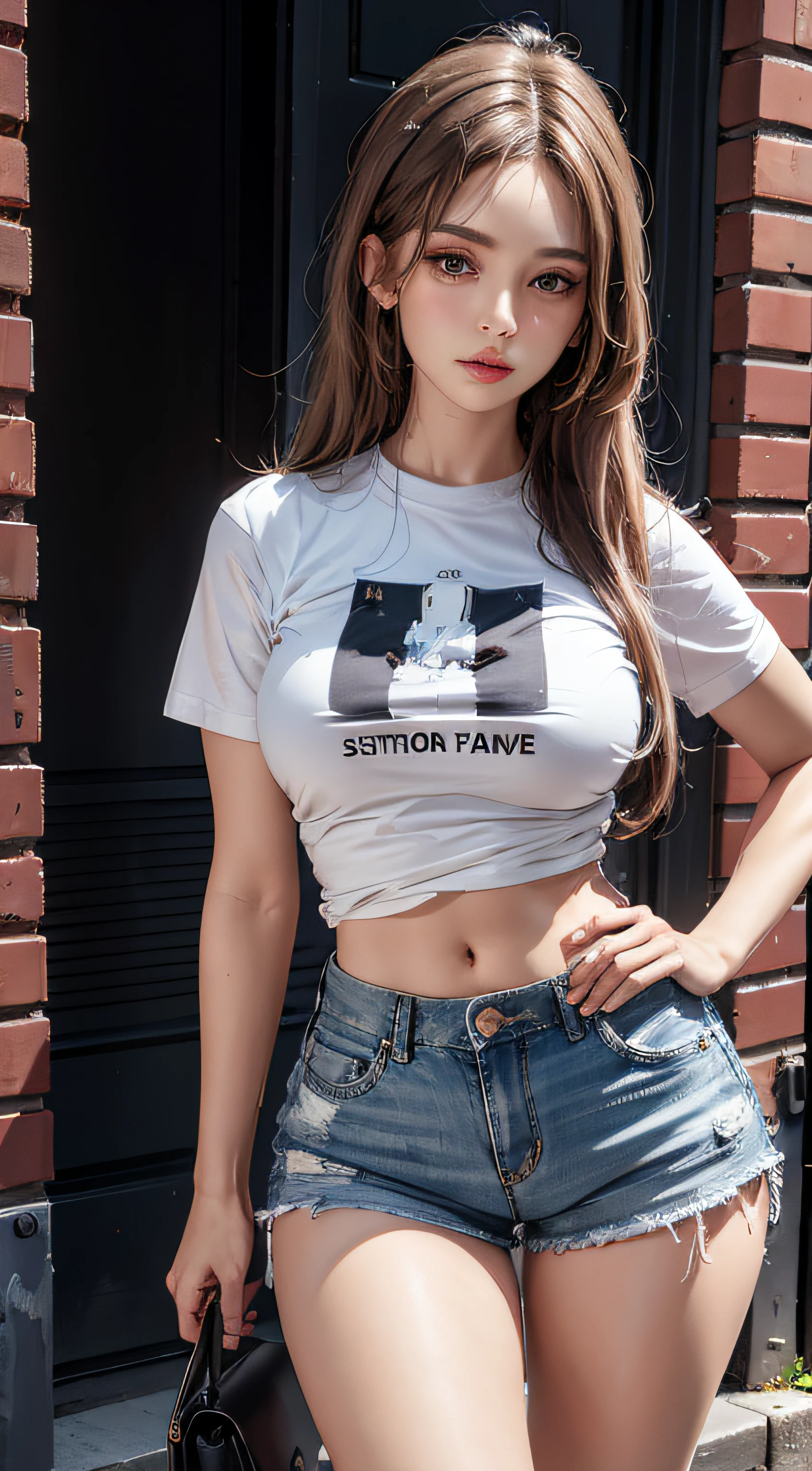 Photorealistic, high resolution,Masterpiece,Best quality,Ultra-detailed, 1womanl, Hips up, Street attire, T-shirt, Shorts,