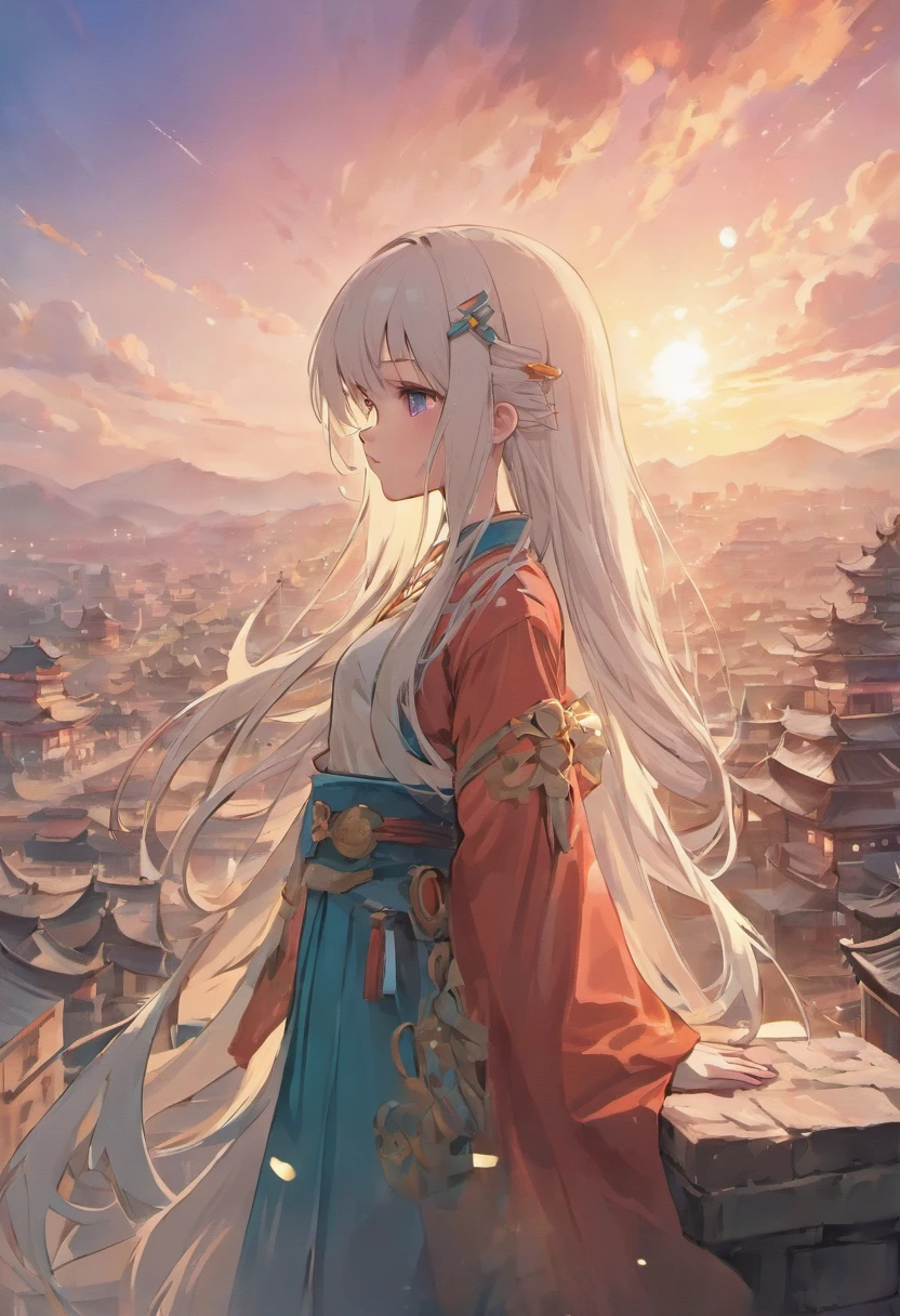 offcial art,tmasterpiece, sharp-focus,(Beautiful gorgeous cute girl:1.3),Poetic makeup,Delicate and beautiful hair and eyes and face,Ultra detailed, cute female , Sky at sunset, Luminous white particles, (side-lighting:1.2), sun light, White cloud, Detailed clouds, Slender, Vivid expressions,(Cityscape:1.7),Ancient architecture in Chinese style,Dynamic hair texture,long whitr hair,Delicate white hair,Beautiful red eyes, Blue-cyan pleated shirt ,JK skirt,Pink skin, Chinese hair accessories, epic landscapes,Single horsetail,Smart eyes,Side view lens。The past meets the future。