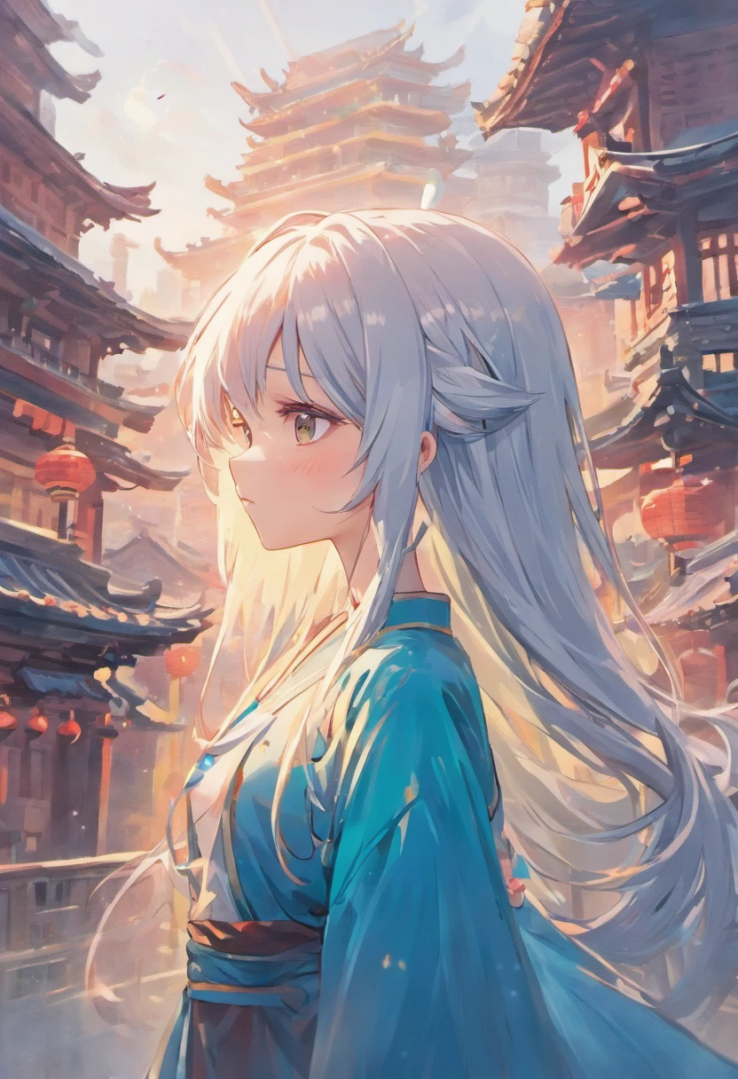 offcial art,tmasterpiece, sharp-focus,(Beautiful gorgeous cute girl:1.3),Poetic makeup,Delicate and beautiful hair and eyes and face,Ultra detailed, cute female child, Sky at sunset, Luminous white particles, (side-lighting:1.2), sun light, White cloud, Detailed clouds, Slender, Vivid expressions,(Cityscape:1.7),Ancient architecture in Chinese style,Dynamic hair texture,long whitr hair,Delicate white hair,Beautiful red eyes, Blue-cyan pleated shirt ,JK skirt,Pink skin, Chinese hair accessories, epic landscapes,Single horsetail,Smart eyes,Side view lens。The past meets the future。