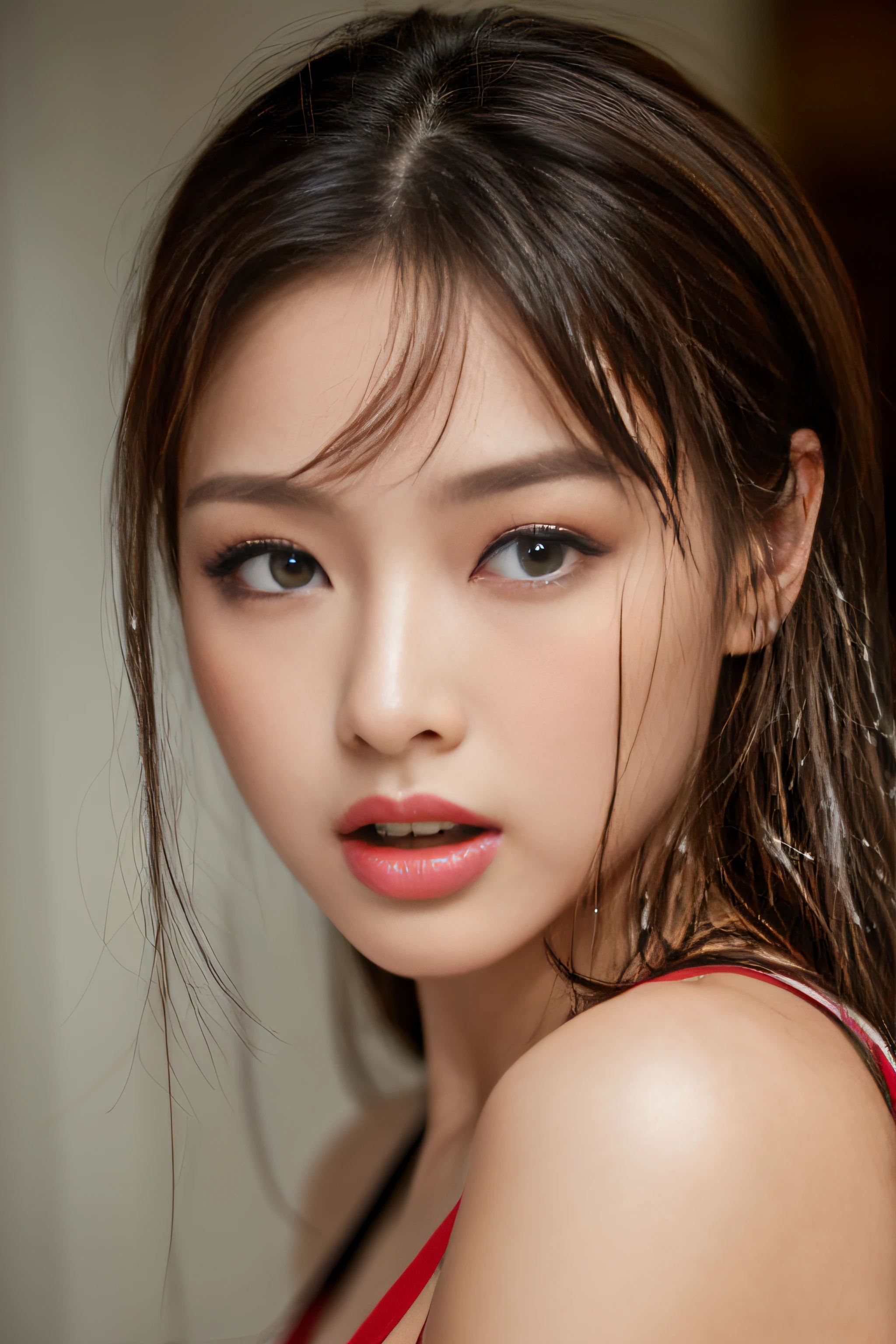 1womanl、(Super beautiful)、(beauitful face:1.5)、(Moaning at climax:1.3)、(a wet body:1.3)、japanes、25-year-old model、(sleeveless clothes)、makeup、lip stick、eye line、mascara、eyeshadows、Brown hair、(studio shoot:1.1)