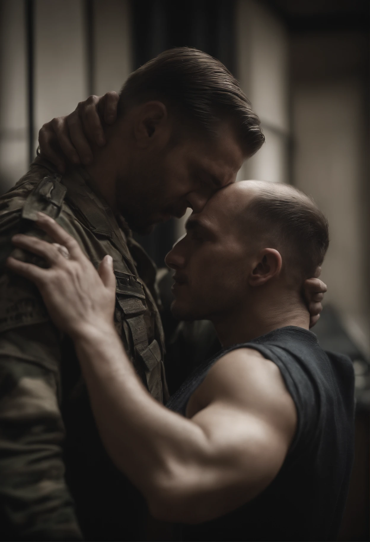 Two military men in a room completely naked kissing while their bodies unite in passion thus making love