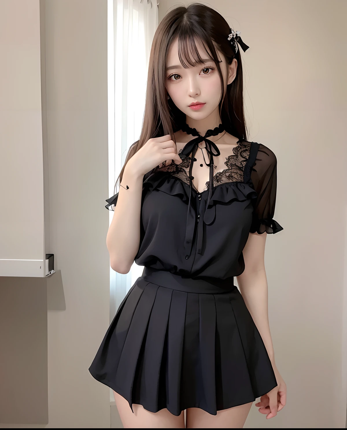 (Best Quality, 8K, masutepiece, Ultra HD: 1.3), 1girl in,Wolfcut,cocky,Facial expressions inviting a man,Glossy,slender body shape,Delicate lips,beautidful eyes,二重まぶた,Black blouse,White Heart Ribbon,frilld,Black Lace Up Ruffled Heart Skirt,Landmine fashion