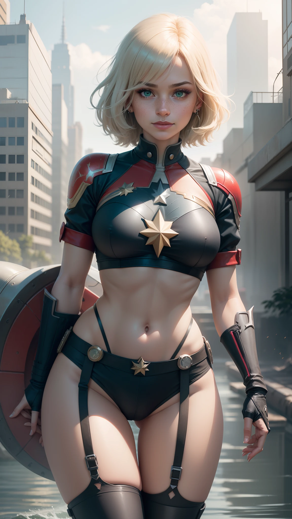 gwen tennyson,y'shtola rhul,yorha 2b, tracer,nier automata,overwatch,close up,mecha pilot,city view,tattoos,blue and red plugsuit,white short sleeve lycra top,steel lycra micro shorts,steel garter belt,uncovered belly,short hair, cute makeup,green eyes,dimensional blonde hair,shy smile,freckles,beautiful girl,large breasts,8k hd,ultra detailed, realistic,fantasy art,captain marvel,steel armor,wakanda city,pilot uniform,ear piercings,hair pin,saiyan girl,super saiyan female,short sleeve pilot jacket,thigh high boots,wet shirt,city river,