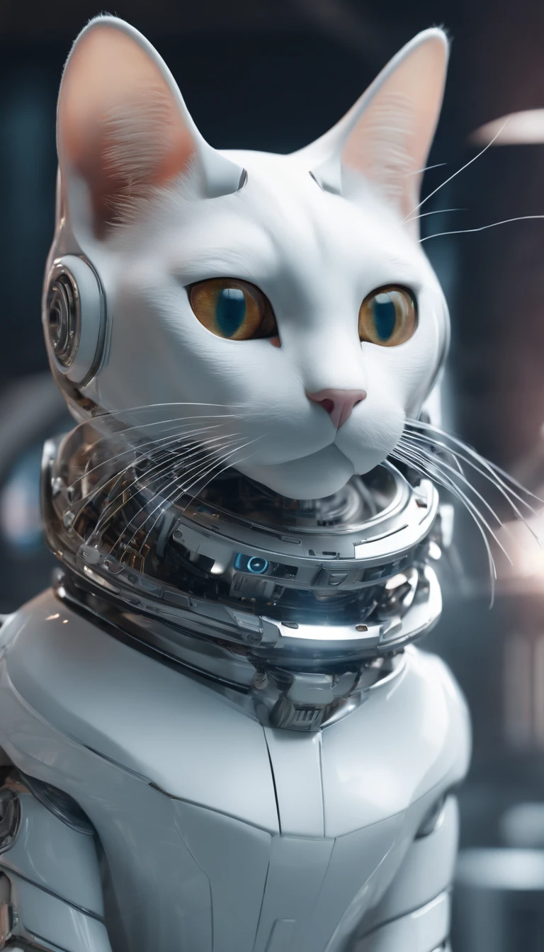 (highest quality), masterpiece, intricate, high detail, professional photo, 8k uhd, sharp focus, (realistic photograph:1.2), (half a cat, half a futuristic cyborg white porcelain AI cat, in a vrtual high tech environment:1.2), bright environment