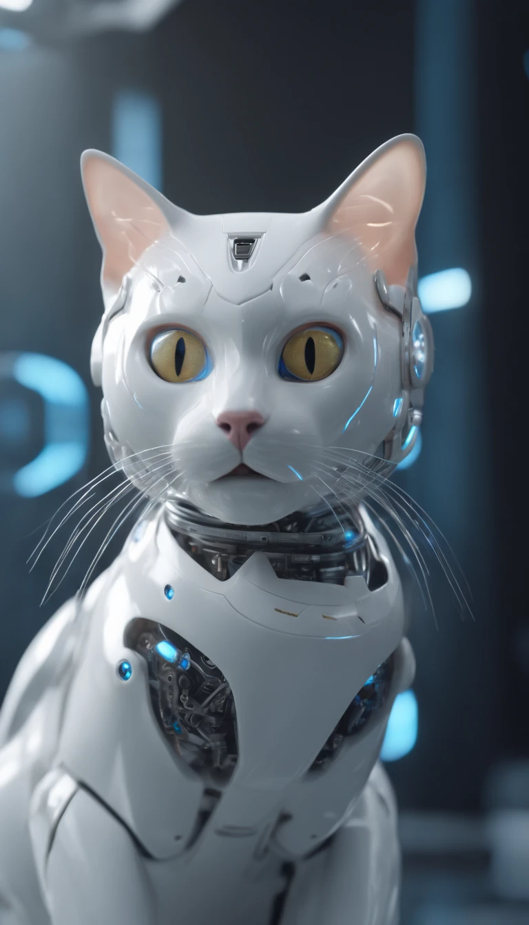 (highest quality), masterpiece, intricate, high detail, professional photo, 8k uhd, sharp focus, (realistic photograph:1.2), (half a cat, half a futuristic cyborg white porcelain AI cat, in a vrtual high tech environment:1.2), bright environment
