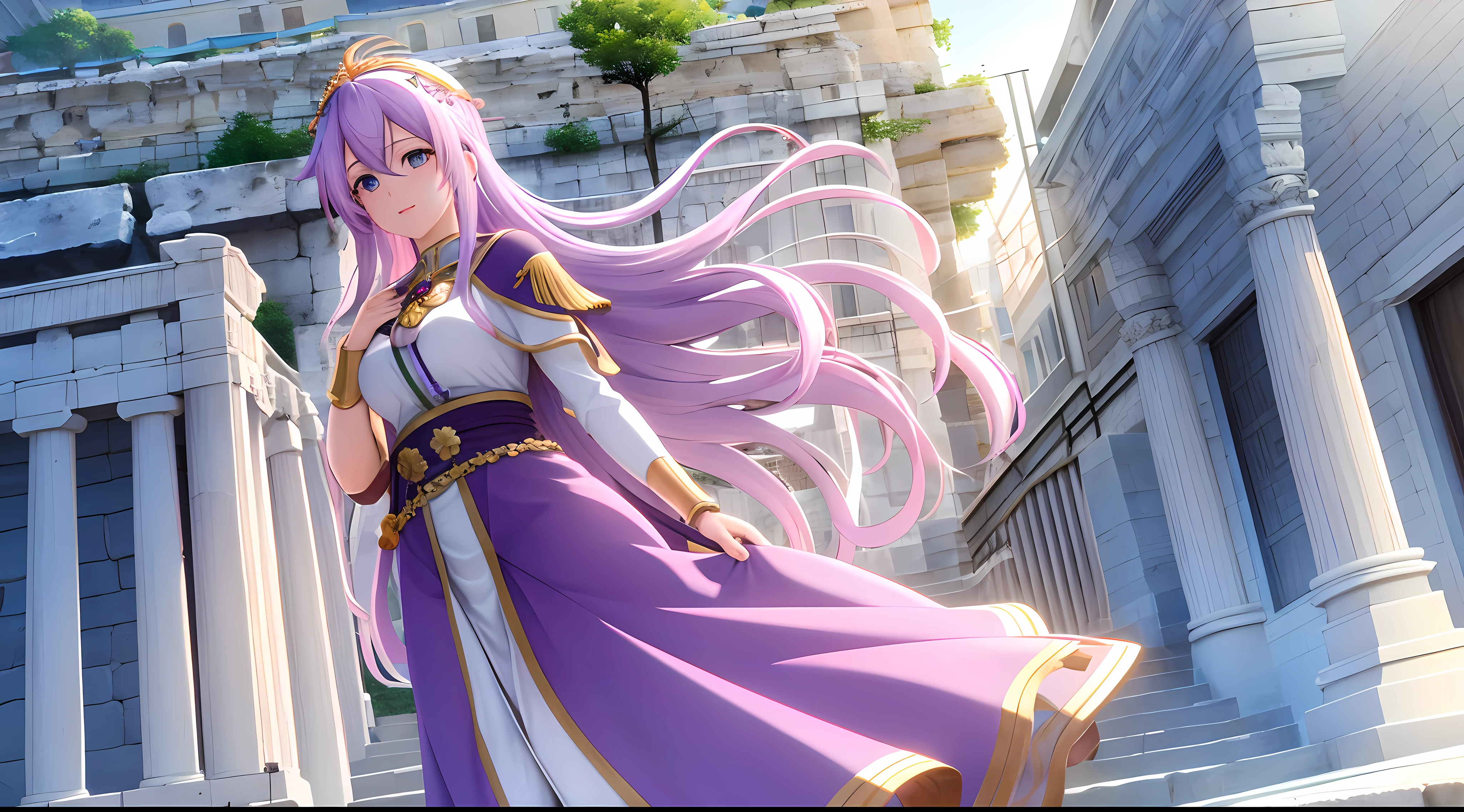 Athena with plain long light purple hair,hair between eyes,green eyes,rosy cheeks,full lips,thin eyebrows,slender body,wearing golden coat and full long skirt,praying beads on neck,cute anime girl,full body,greek Acropolis street in background,anime style,Lumen Reflections,Screen Space Reflections,Diffraction Grading,Chromatic Aberration,GB Displacement,Scan Lines,Ray Traced,Anti-Aliasing,FXAA,TXAA,RTX,SSAO,Shaders,OpenGL-Shaders, GLSL-Shaders,Post Processing,Post-Production,cell Shading,Tone Mapping,CGI,VFX,SFX,insanely detailed and intricate, 4K,standing, solo, masterpiece, best quality, detailed face, detailed eyes, highres, standing, solo,masterpiece, best quality