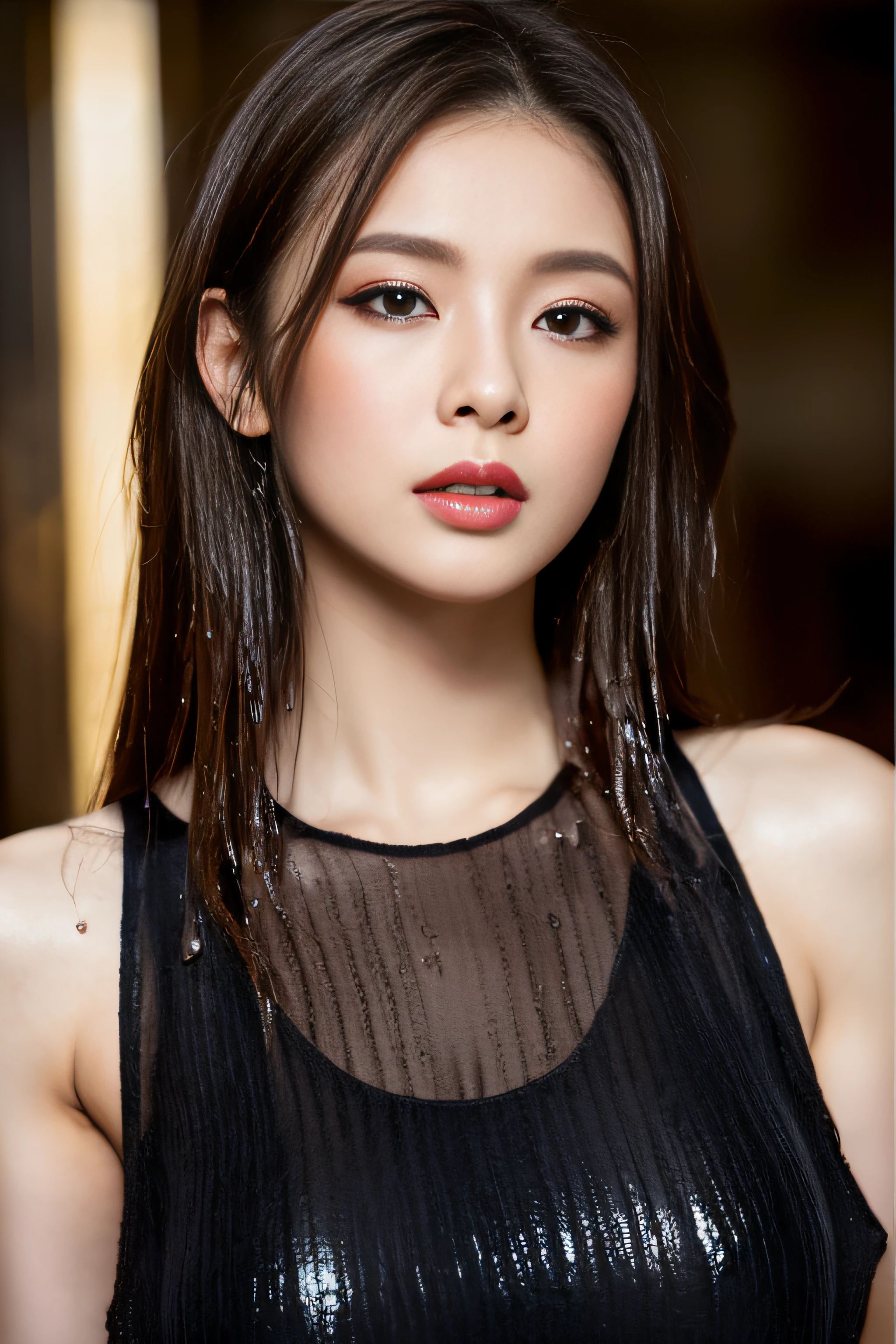 1womanl、(Super beautiful)、(beauitful face:1.5)、(Moaning at climax:1.3)、(a wet body:1.3)、japanes、25-year-old model、(sleeveless clothes)、makeup、lip stick、eye line、mascara、eyeshadows、Brown hair、(studio shoot:1.1)