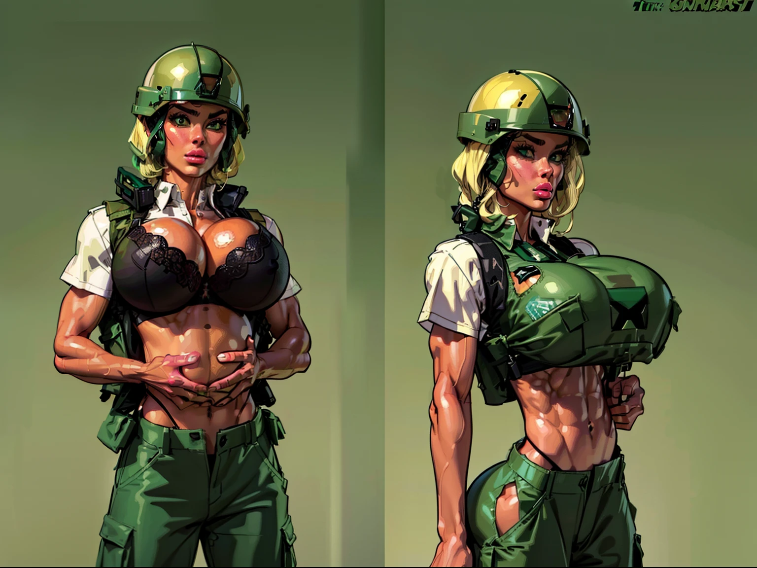 1 man, (male soldier:1.4), (sexy ((female soldier1.6)))((green combat helmet helmet:1.5)) wearing ((khaki cargo pants:1.4))(perfect face), detailed face, (symmetrical eyes), perfect nose, ((open cargo vest:1.3)), wearing ((black bra on:1.4)) that barely covers the , (gigantic breasts:1.4) ((blonde hair)) analog style posing against a military tank, (backlit)1.2, (film grain)1.2, cinematic movie still frame, (large lips, bimbo style, perfect eyebrows)((thepit style:1.4))