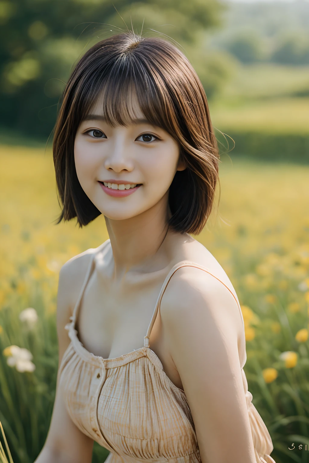 masterpiece、4K、top-quality、beautiful Korean women、detail portrayal、1 girl in、23years old、(sundress:1.1)、bob cuts、countryside、depth of fields、cowboy shot、ssmile、Frolic
