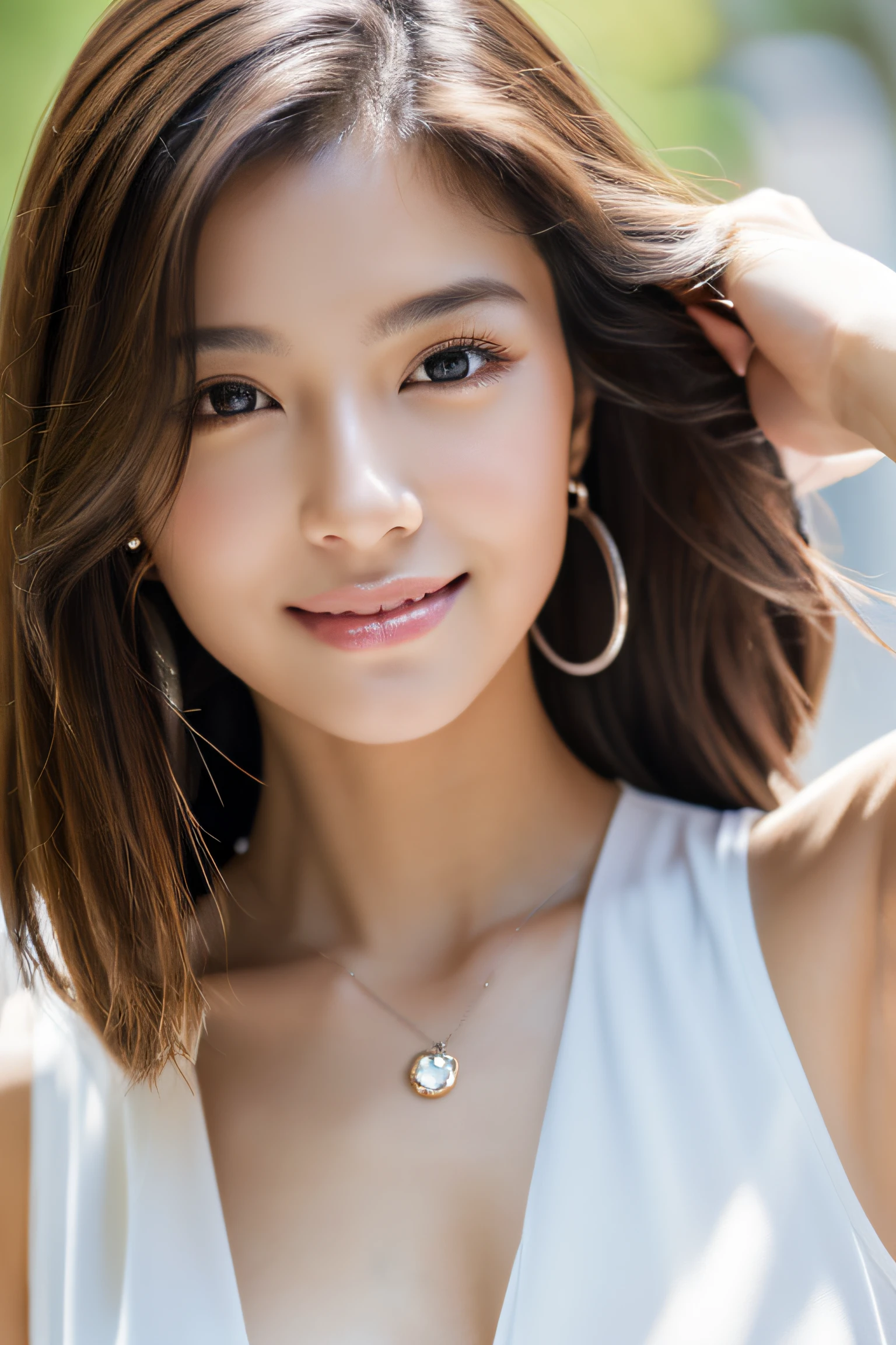 (8K, top-quality, masterpiece:1.3, 超A high resolution, A hyper-realistic), High Detail, (Face like the real thing), Photorealsitic, Raw foto, ((one beautiful women)), 22year old, Detailed face, beautidful eyes, realisticeyes, Eyes in Beautiful Details, (real looking skin), Beautiful skins, enticing, depth of fields, hight resolution, High pixel count, clear details, sharp photo, Natural color reproduction, Noise Reduction, High fidelity, quality, Software Updates, Optimized algorithms, the city street, suits, doress, opened white shirt, perfect bodies, face perfect, perfect chest, small tits, Faint lips, wetting hair, (See the viewer's eyes), a smile, Beautiful skins, enticing, the golden ratio, (Detal Face:1.2), japanes,japanaese girl, Small necklace, small earring, Thin Silver Necklace, Thin silver earrings, simple background, The whole body is shown, Amazing full-body photos, Casual pose
