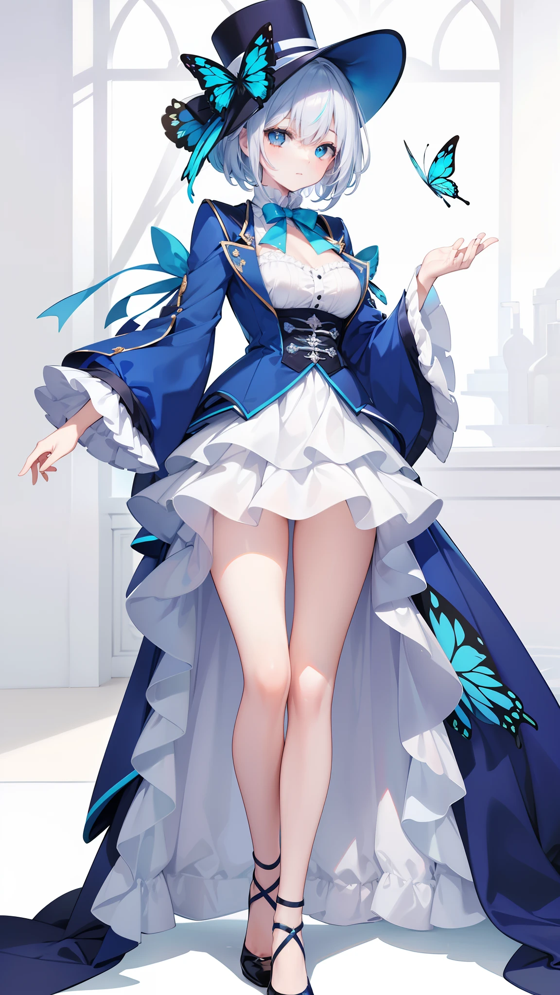 (Masterpiece, Slim Body, Delicate Fingers: 1.2), Best Quality, (Illustration: 1.2), (Hyper Detail), Eye Focus, Ultra Detail, (Fine Detail), (Intricate Detail), HDR, (Ultra Detail: 1.15), (Soft Light: 1.2), girls , White hair, blue highlights, (cyan left eyes: 1.3) , (blue right eyes: 1.3) , ager , nobility lady cloth, neat outfit, (costume with blue accents: 1.2), white shirt , (blue jacket: 1.3), medium short white pant , medium short hair , solo , heterochromia , wearing hat , wearing gloves (white) , multicolored hair , ahoge ,black ascot , long sleeves shirt , blue top hat, butterfly ,frilled sleeves jacket , large chest, full body image,