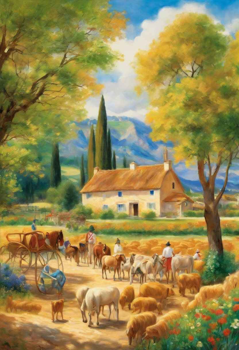 painting on cotton canvas, ((Pierre-Auguste Renoir)) "family working on the farm, ((animals)) trees, mountains, late afternoon sun" without watermark (--texture:5 clay - Glue): (--grain-amount : quantity = 0.1 - 1.0): oil paint (high resolution photo art) (--high resolution), 3d, (--symmetrical - contours:2), (--perfect - proportion:2)
