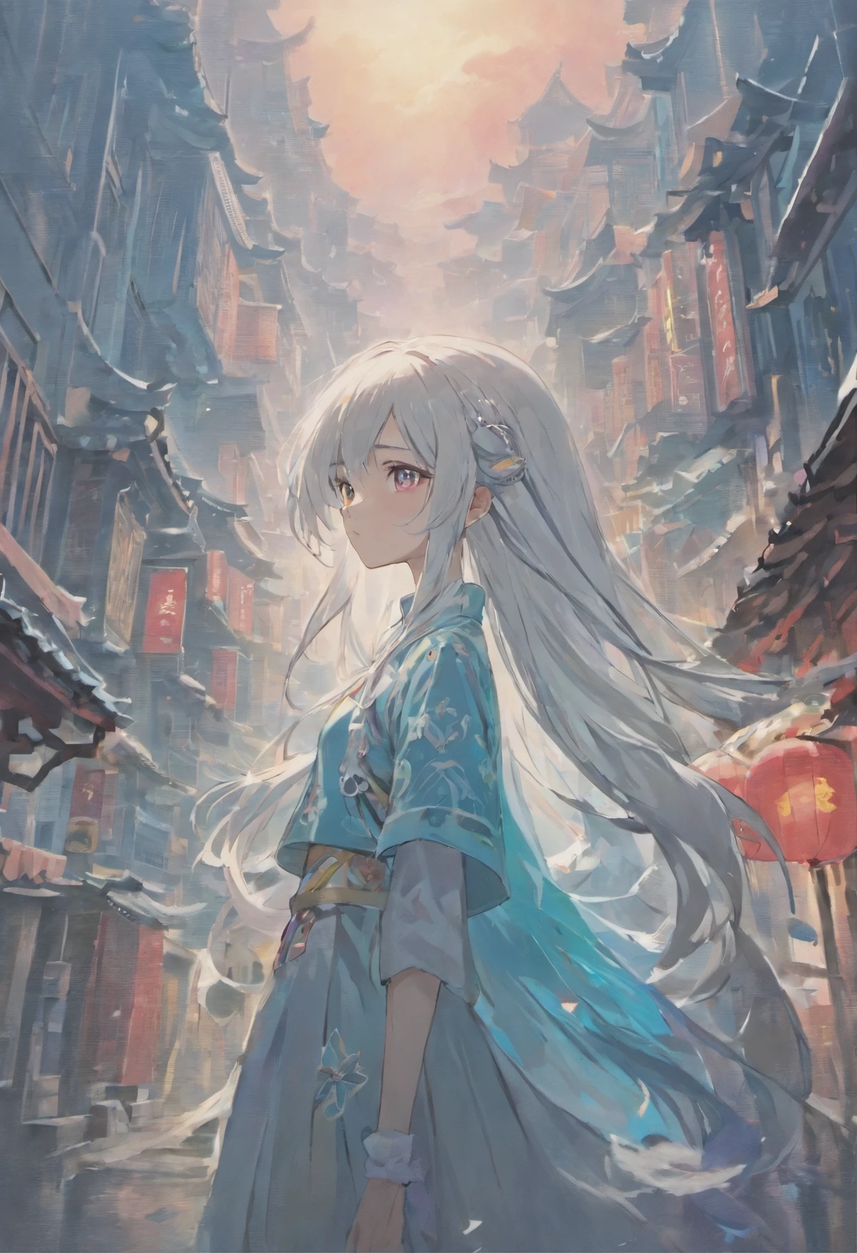 offcial art,tmasterpiece, sharp-focus,(Beautiful gorgeous cute girl:1.3),Poetic makeup,Delicate and beautiful hair and eyes and face,Ultra detailed, cute female child, Sky at sunset, Luminous white particles, (side-lighting:1.2), sun light, White cloud, Detailed clouds, Slender, Vivid expressions,(Cityscape:1.7),Ancient architecture in Chinese style,Dynamic hair texture,long whitr hair,Delicate white hair,Beautiful red eyes, Blue-cyan pleated shirt ,JK skirt,Pink skin, Chinese hair accessories, epic landscapes,Single horsetail,Smart eyes,Side view lens。The past meets the future。